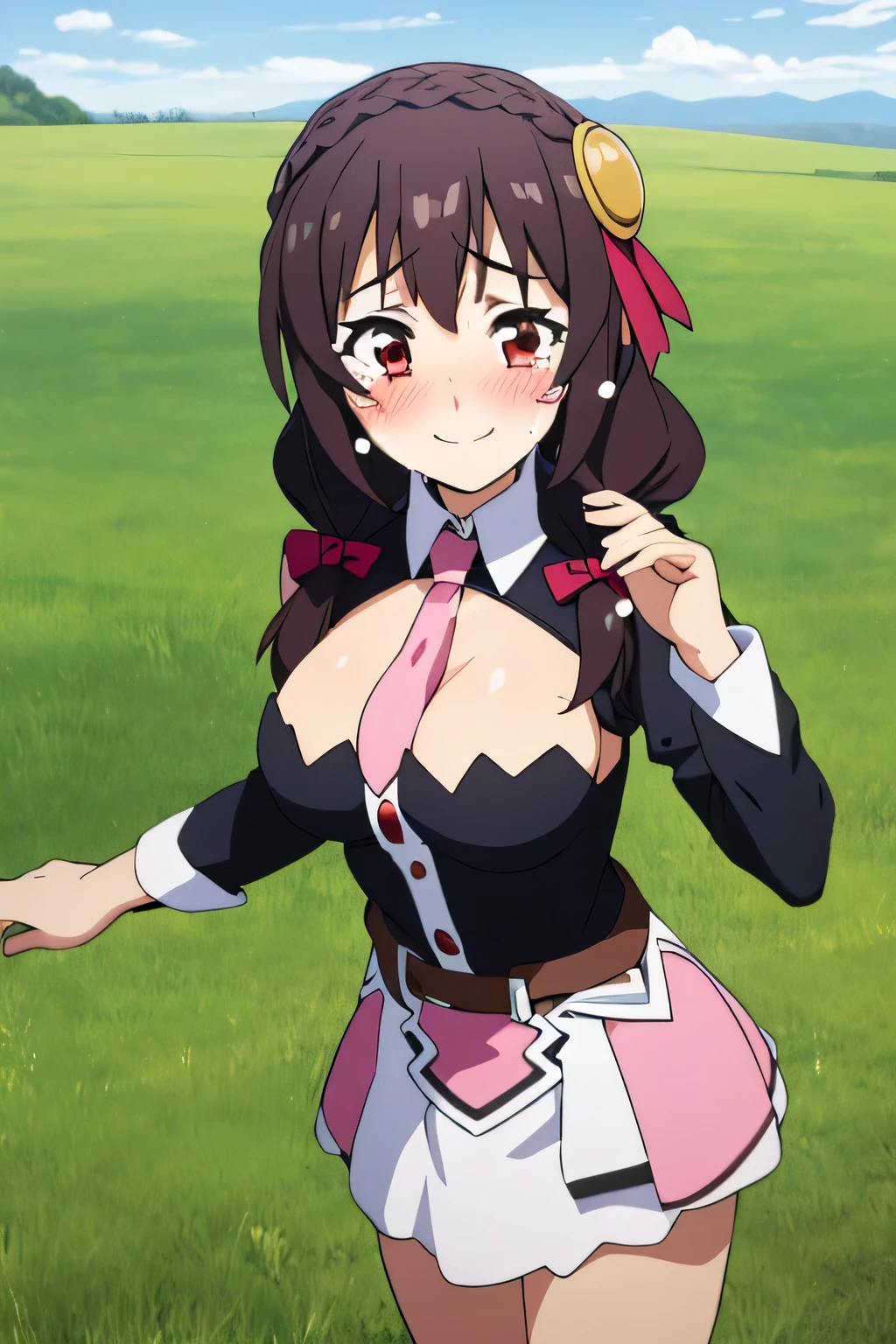 (masterpiece, Highest quality), One girl, Yunyun,Long Hair,Braiding,Twin tails,Hair between the eyes,Red hair ribbon,hair ornaments,large round breasts,、Pink Skirt、Black Hair、Red Eyes、(Smiling with Tears:1.2)、grassland、Crown Blade,Black Shirt, Long sleeve,Pink tie, belt, Cleavage cutout、cowboy shot、(blush)