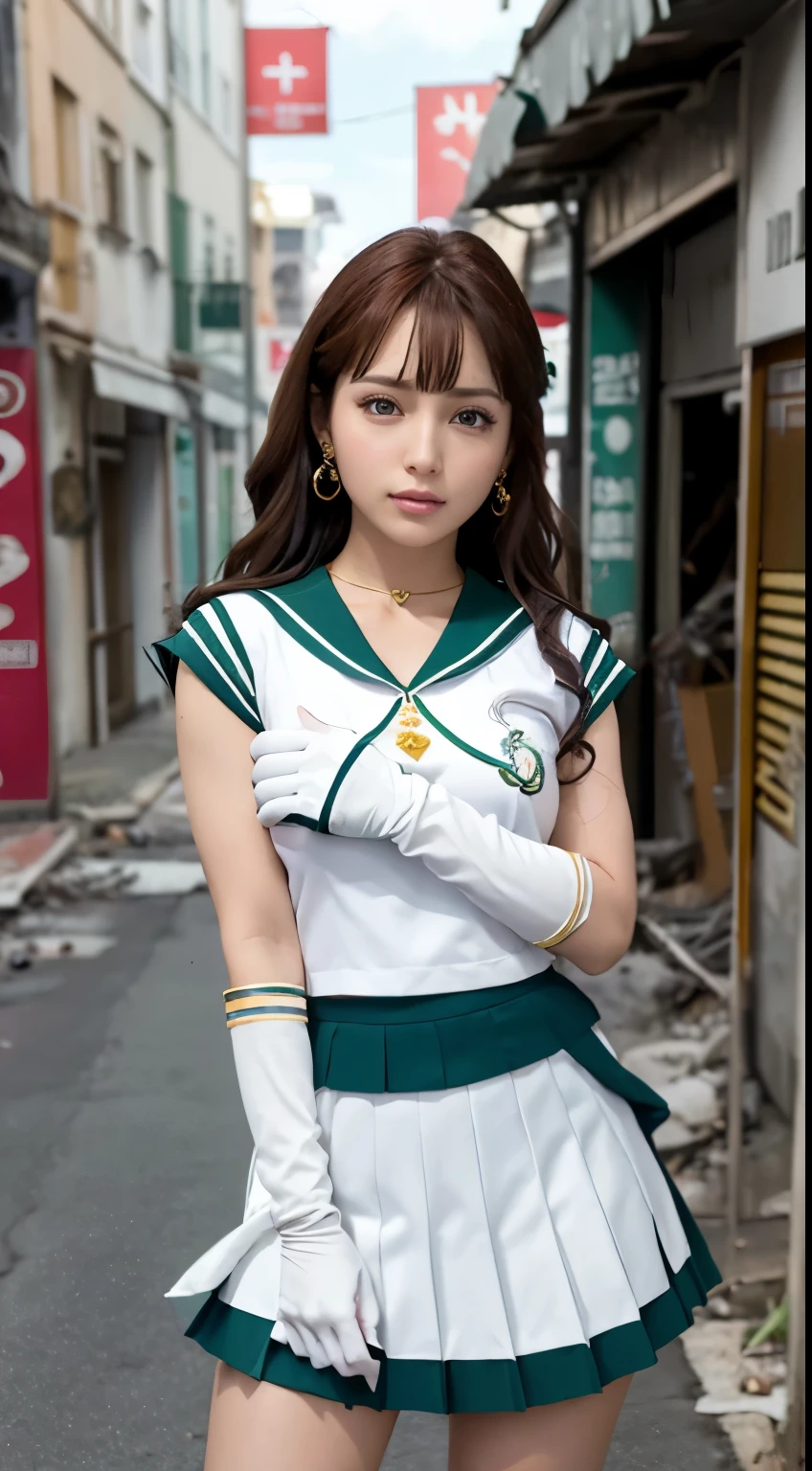 One girl, Sailor Neptune, (Sailor Warrior Uniforms:1.4), Dark green hair, Medium Hair, Pleated skirt, Highest quality, Earrings, masterpiece, High resolution, Intricate details, (( Realistic )), photograph, (White elbow gloves:1.1), jewelry, Mid-chest, whole body, Dynamic Background, Dynamic posture, High heels,,More detailed 8K.Unreal Engine:1.4,超High resolution,La Highest quality:1.4, Realistic:1.4, Skin Texture:1.4, masterpiece:1.8,First Job, Highest quality,Object Object], (Detailed facial features:1.3),(Fine hand),(Ciudad Destroyada Apocalyptic:1.7),Over the knee boots: 1.1), choker, White gloves, Gargantilla Verde, Elbow Gloves, gem, Earrings, Green Skirt, only, Full Body Vian, Perros Verdes,