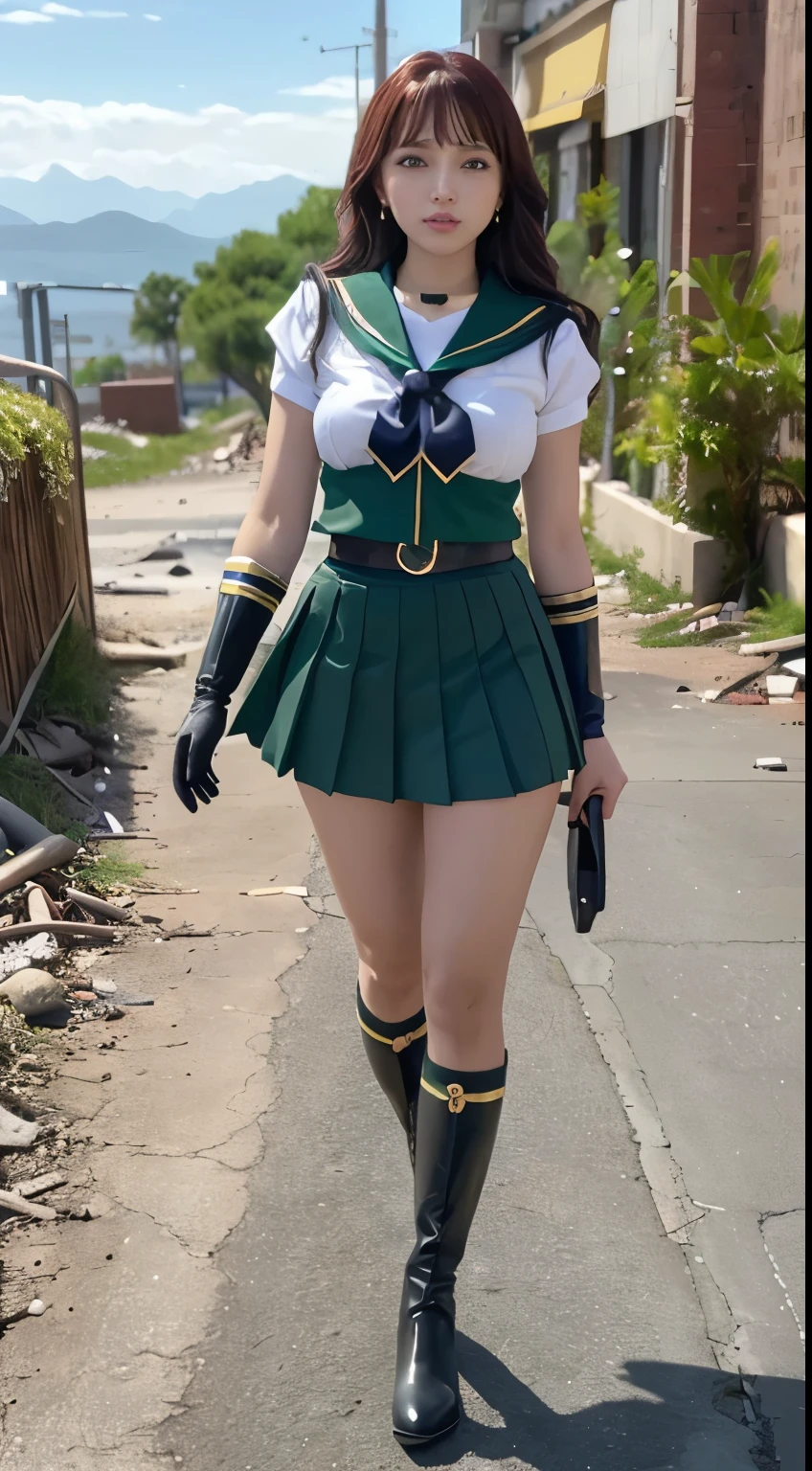 One girl, Sailor Neptune, (Sailor Warrior Uniforms:1.4), Dark green hair, Medium Hair, Pleated skirt, Highest quality, Earrings, masterpiece, High resolution, Intricate details, (( Realistic )), photograph, (White elbow gloves:1.1), jewelry, Mid-chest, whole body, Dynamic Background, Dynamic posture, High heels,,More detailed 8K.Unreal Engine:1.4,超High resolution,La Highest quality:1.4, Realistic:1.4, Skin Texture:1.4, masterpiece:1.8,First Job, Highest quality,Object Object], (Detailed facial features:1.3),(Fine hand),(Ciudad Destroyada Apocalyptic:1.7),Over the knee boots: 1.1), choker, White gloves, Gargantilla Verde, Elbow Gloves, gem, Earrings, Green Skirt, only, Full Body Vian, Perros Verdes,