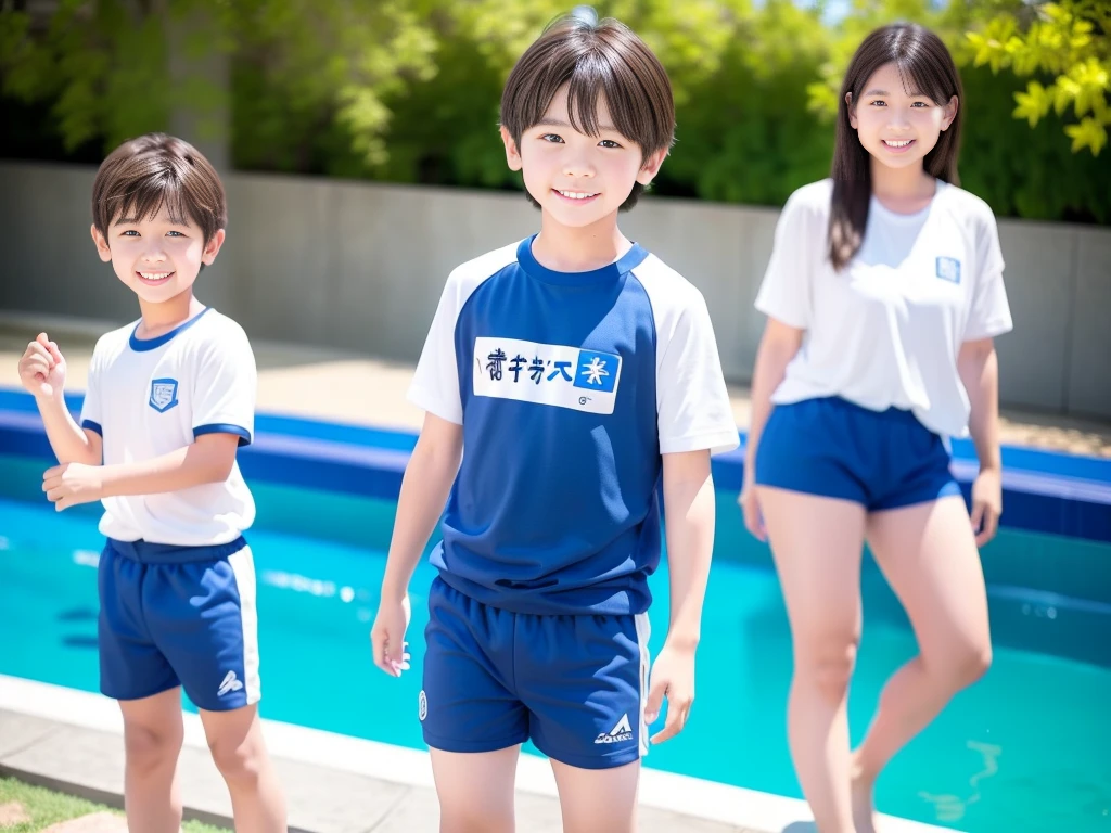 夏休みのprimary school校、Pool、primary school５Grade、Japan Boy、The water feels good、hot day、Two Boys、Youth Power、Short sleeve gym uniform、Blue shorts、physical education、barefoot，（Boy 1.4）、Boys only 、(１０Age 1.４)
