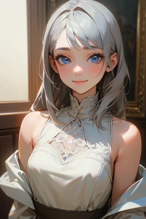 (masterpiece: 1.2, Highest quality), (Actual Photos, Intricate details), 1. woman, alone, Upper Body, casual, Shoulder-length hair, Minimal makeup, Natural materials, Face close-up, smile, Home, Gray Hair, blue eyes, Shoulder Bare、