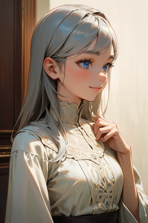 (masterpiece: 1.2, Highest quality), (Actual Photos, Intricate details), 1. woman, alone, Upper Body, casual, Shoulder-length hair, Minimal makeup, Natural materials, Face close-up, smile, Home, Gray Hair, blue eyes, Shoulder Bare、