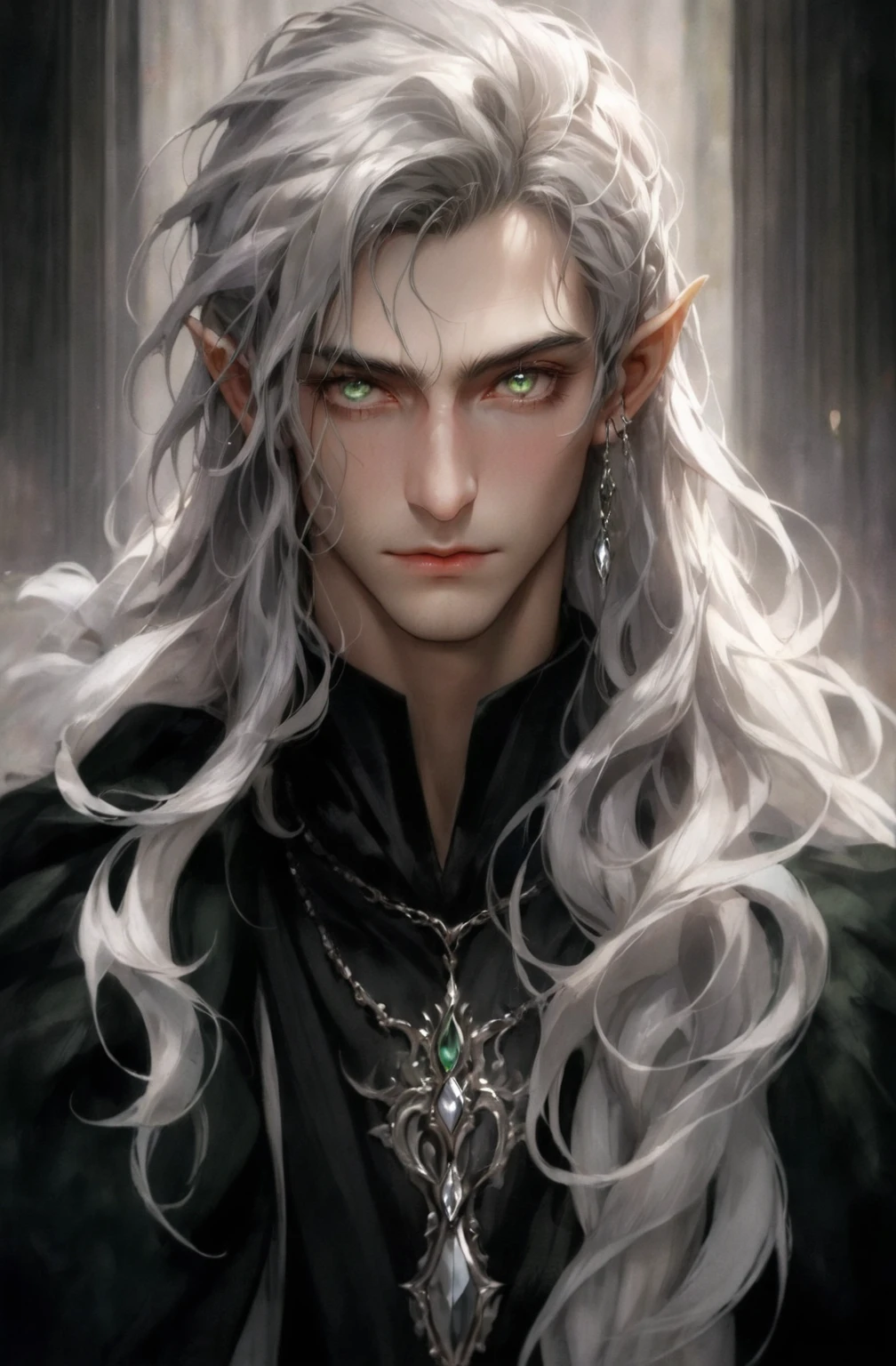 Homme elfe. Oreilles pointues, piecings sur ses oreilles. Anneau en guise de collier tenu par un fils résistant. Vêtements sombre, regard malicieux et sombre. Charismatique. Peau pâle, cheveux longs et blanc avec des mèches vertes. Cicatrice sur sa tempe et sur sa joue. Iris (yeux) gris avec des reflets dorés.
