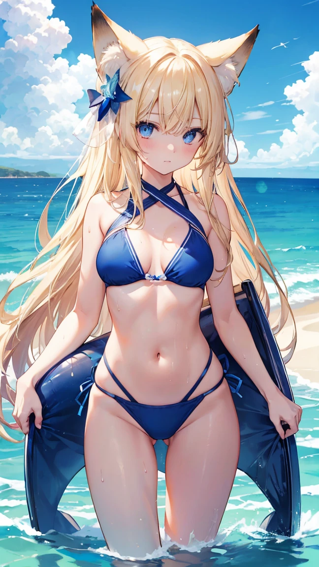 High resolution、Girl、Blonde、Long Hair,Straight Hair、Fox Ears、blue eyes、Slender、Large Breasts、Ocean,Swimwear,Ocean軍,On board,summer,7moon,Sweat,blue sky