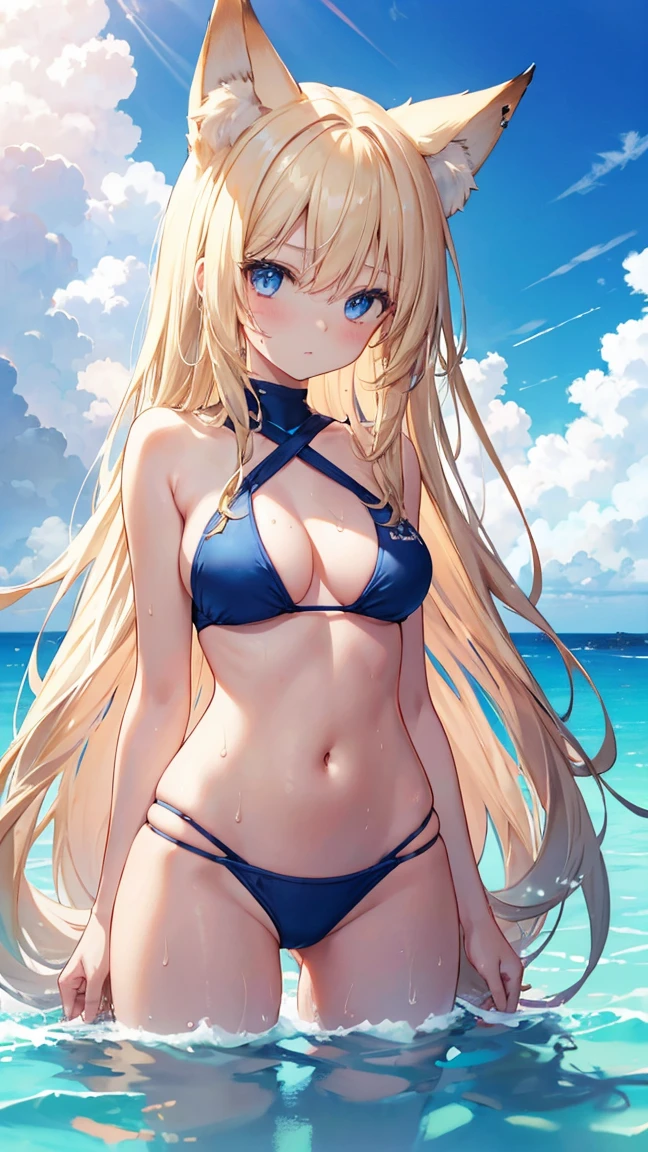 High resolution、Girl、Blonde、Long Hair,Straight Hair、Fox Ears、blue eyes、Slender、Large Breasts、Ocean,Swimwear,Ocean軍,On board,summer,7moon,Sweat,blue sky