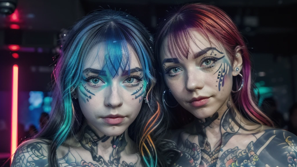 photo of one girl , 1girl, (detailed face tattoo: 1.4), (detailed faces: 1.4), highres, RAW photo 8k uhd, dslr, , ((cinematic light)), colorful, hyper detail, dramatic light, intricate details, (best lighting, an extremely delicate and beautiful), abstract colors, (detailed red dance: 1,4), (bloom:1.1), Red eyes, Night party, half color hair red and blue, (club with people dancing and enjoying the parties,) upbeat music playing in the background, vibrant and energetic atmosphere, vivid colors,