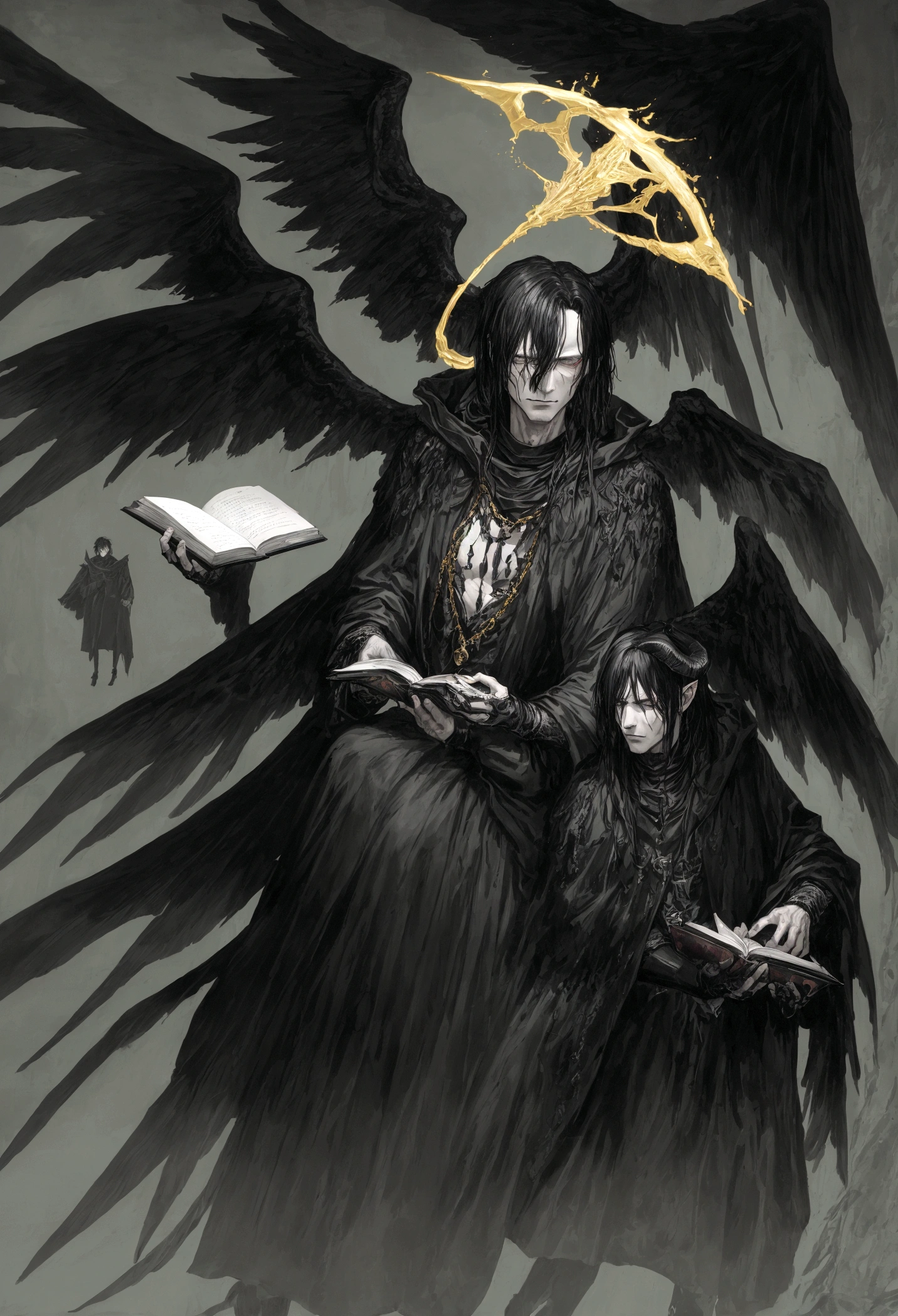 work of art:1.2, best qualityer, ultra detaild, mascle, focused, human face, masculine face, man's face, black horns, celestial demon wizard, Youngh, serious, chilly, horns on her head and a shining golden halo behind her symbolizing her celestial and demonic duality, two large black wings that combine bright plumes with a dark and threatening appearance, black hair, kentaro miura style, fancy, Sci-fi, light background, a painting of a man in a black robe sitting in a wheelchair, holding an open ancient magical book, Dress him in dark, majestic robes with golden details, black hair, dark haired, demonic angel, black feathers, big black wings, standing alone, inspired by Edmundo Blampied, inspired by Nicola Samori, inspired by Pietro Longhi, by Nicola Samori, by Edmundo Blampied, Direction: Stephen Gammell, Estilo Stephen Gammell, sinister figure in the background, Direction: Leonaert Bramer, Direction: Johann Kaspar Füssli .