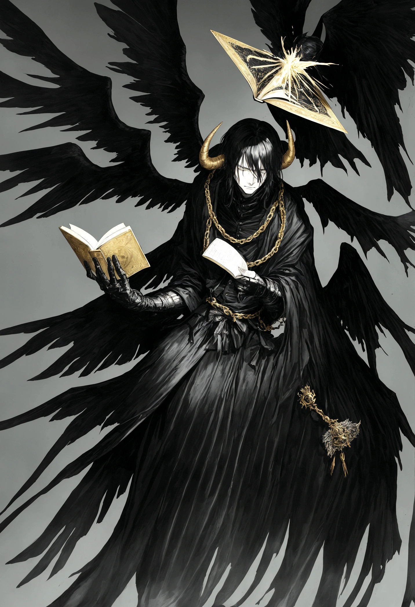 work of art:1.2, best qualityer, ultra detaild, mascle, focused, human face, masculine face, man's face, black horns, celestial demon wizard, Youngh, serious, chilly, horns on her head and a shining golden halo behind her symbolizing her celestial and demonic duality, two large black wings that combine bright plumes with a dark and threatening appearance, black hair, kentaro miura style, fancy, Sci-fi, light background, a painting of a man in a black robe sitting in a wheelchair, holding an open ancient magical book, Dress him in dark, majestic robes with golden details, black hair, dark haired, demonic angel, black feathers, big black wings, standing alone, inspired by Edmundo Blampied, inspired by Nicola Samori, inspired by Pietro Longhi, by Nicola Samori, by Edmundo Blampied, Direction: Stephen Gammell, Estilo Stephen Gammell, sinister figure in the background, Direction: Leonaert Bramer, Direction: Johann Kaspar Füssli .