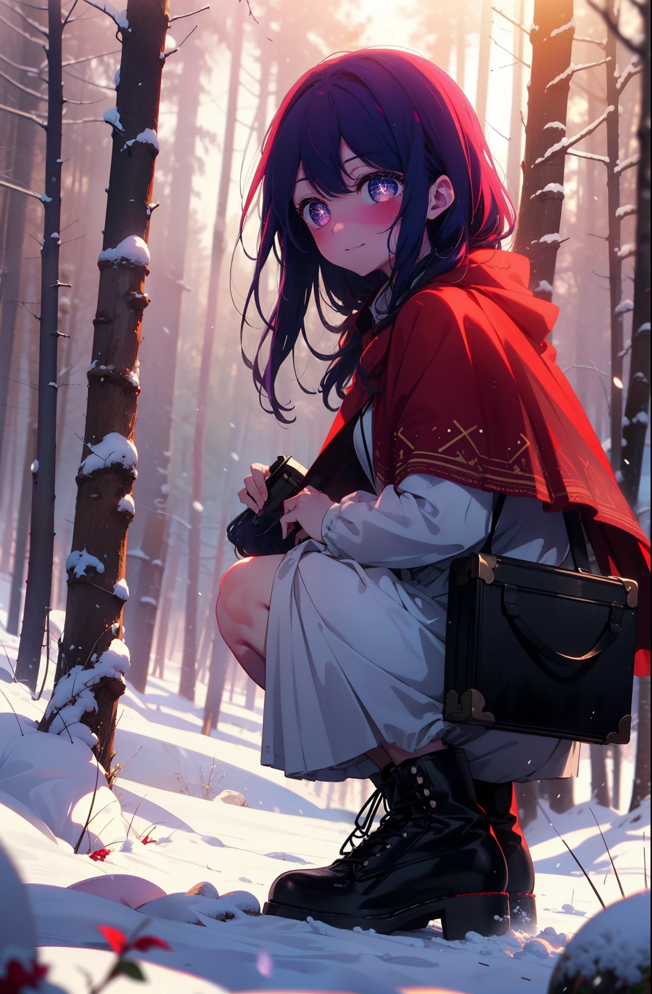 aihoshino, Ai Hoshino, Long Hair, bangs, (Purple eyes:1.1), Purple Hair, (Symbol-shaped pupil:1.5), smile,,smile,blush,White Breath,
Open your mouth,snow,Ground bonfire, Outdoor, boots, snowing, From the side, wood, suitcase, Cape, Blurred, , forest, White handbag, nature,  Squat, Mouth closed, Cape, winter, Written boundary depth, Black shoes, red Cape break looking at viewer, Upper Body, whole body, break Outdoor, forest, nature, break (masterpiece:1.2), Highest quality, High resolution, unity 8k wallpaper, (shape:0.8), (Beautiful and beautiful eyes:1.6), Highly detailed face, Perfect lighting, Highly detailed CG, (Perfect hands, Perfect Anatomy),