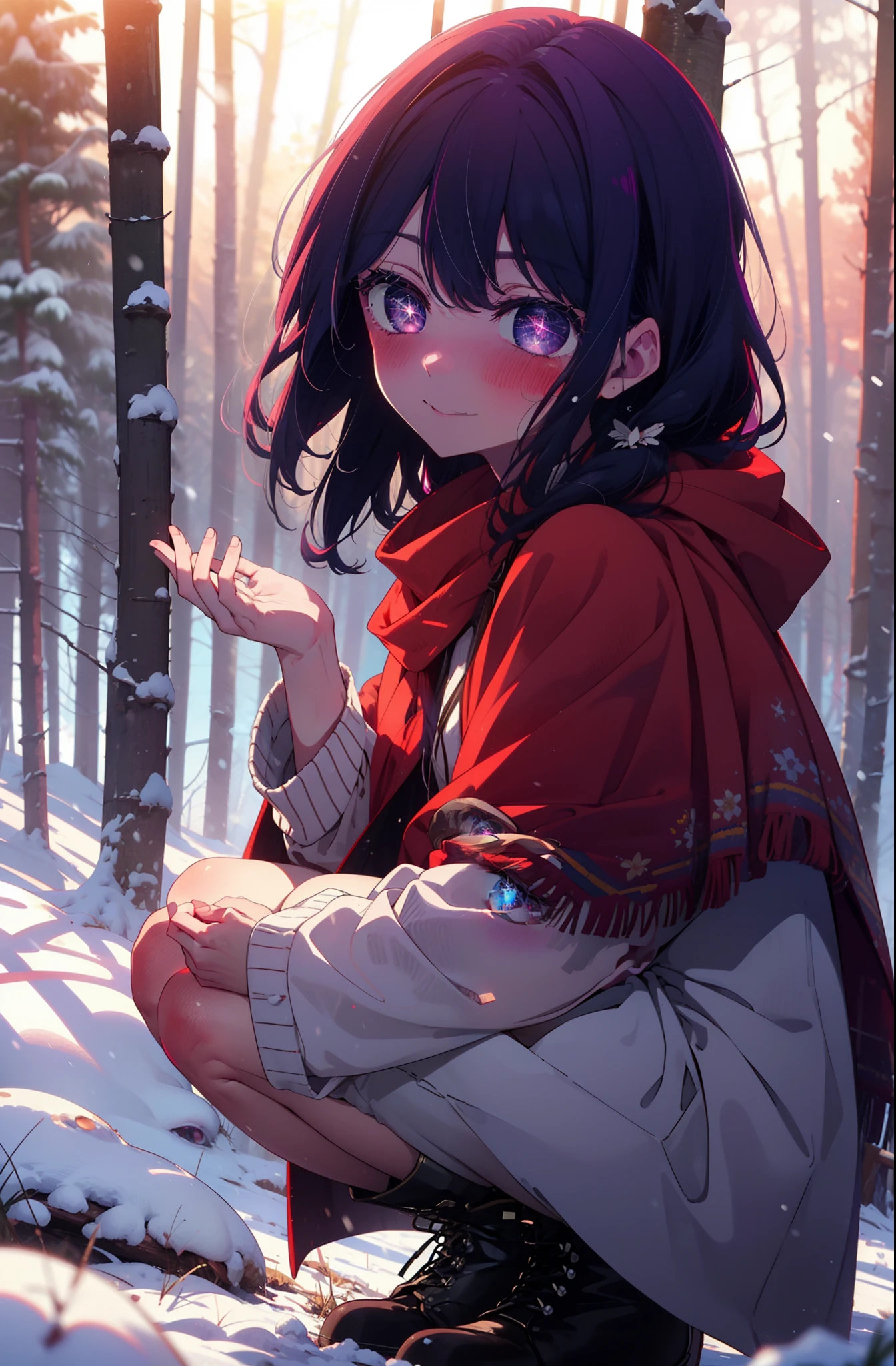 aihoshino, Ai Hoshino, Long Hair, bangs, (Purple eyes:1.1), Purple Hair, (Symbol-shaped pupil:1.5), smile,,smile,blush,White Breath,
Open your mouth,snow,Ground bonfire, Outdoor, boots, snowing, From the side, wood, suitcase, Cape, Blurred, , forest, White handbag, nature, Squat, Mouth closed, Cape, winter, Written boundary depth, Black shoes, red Cape break looking at viewer, Upper Body, whole body, break Outdoor, forest, nature, break (masterpiece:1.2), Highest quality, High resolution, unity 8k wallpaper, (shape:0.8), (Beautiful and beautiful eyes:1.6), Highly detailed face, Perfect lighting, Highly detailed CG, (Perfect hands, Perfect Anatomy),