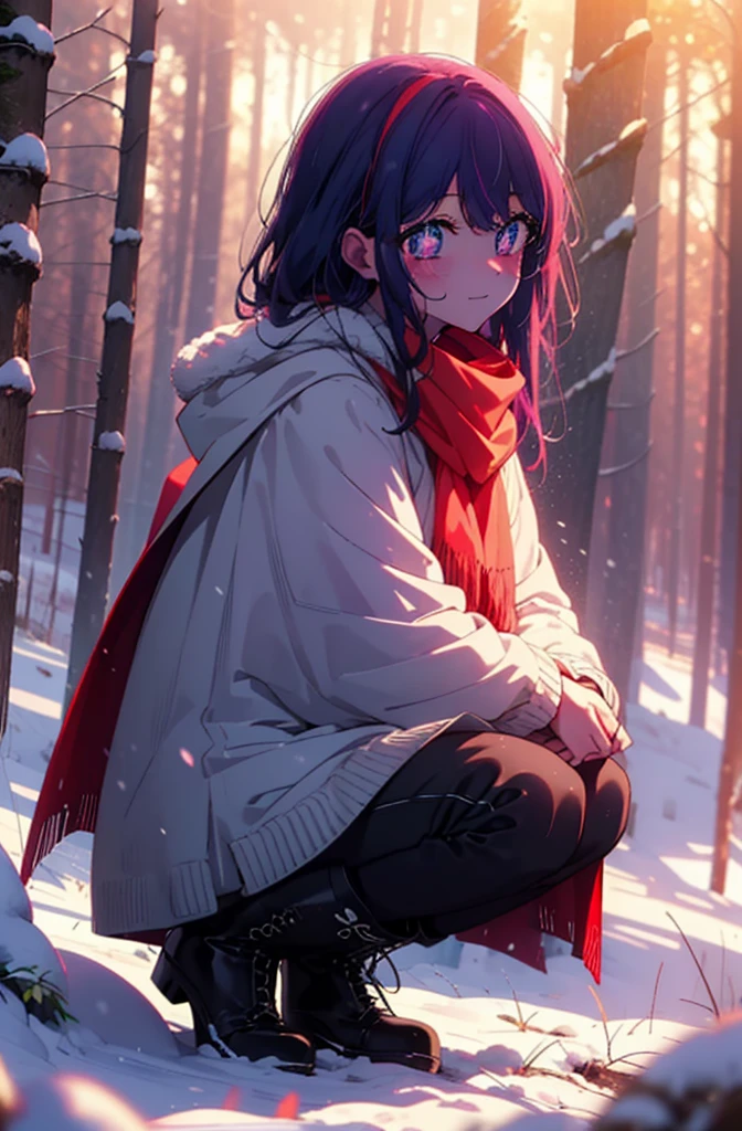 aihoshino, Ai Hoshino, Long Hair, bangs, (Purple eyes:1.1), Purple Hair, (Symbol-shaped pupil:1.5), smile,,smile,blush,White Breath,
Open your mouth,snow,Ground bonfire, Outdoor, boots, snowing, From the side, wood, suitcase, Cape, Blurred, , forest, White handbag, nature, Squat, Mouth closed, Cape, winter, Written boundary depth, Black shoes, red Cape break looking at viewer, Upper Body, whole body, break Outdoor, forest, nature, break (masterpiece:1.2), Highest quality, High resolution, unity 8k wallpaper, (shape:0.8), (Beautiful and beautiful eyes:1.6), Highly detailed face, Perfect lighting, Highly detailed CG, (Perfect hands, Perfect Anatomy),