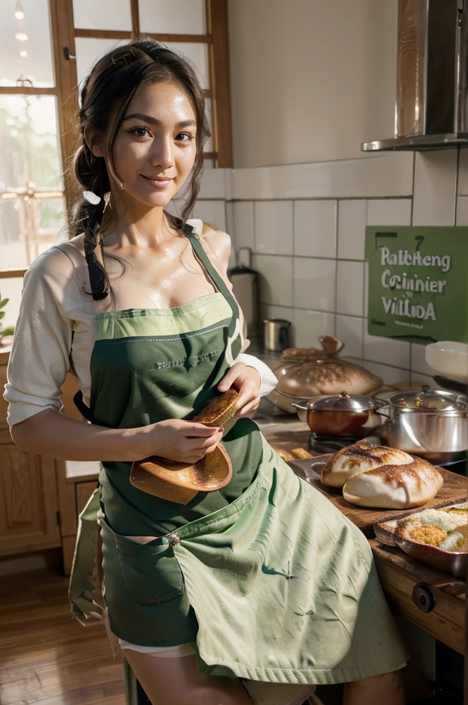 photorealistic, best quality, (hyper detailed: 1.4), (((the process of cooking dinner:1.3))), long distance shot, ((great body:1.5)), photosession, green eyes, dark black hair, Detailed eyes, ((wearing apron:1.5)). beautiful young asian woman, (Highly detailed face:1.4), smile. exuding a natural glow, soft lightning, evening time, kitchen view, jaw-dropping beauty, sexy, seductive, vivid colors