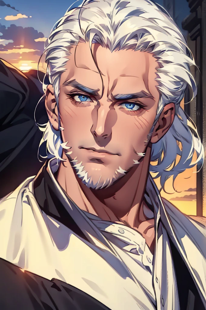 ((masterpiece:1.2, Best quality)), 4k, adult, European face, 1 person, male, , masculine, Beautiful, tall, dark casual wear, White skin, white hair, blue eyes s, portrait, sunset, man, adult man
