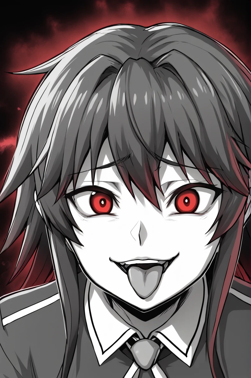 score_9, monochrome, spot color, black background, red aura, red eyes, Mari Setagaya, Itadaki! Seieki, looking at viewer, evil smile, open mouth, tongue out, upper body, high resolution, Masterpiece