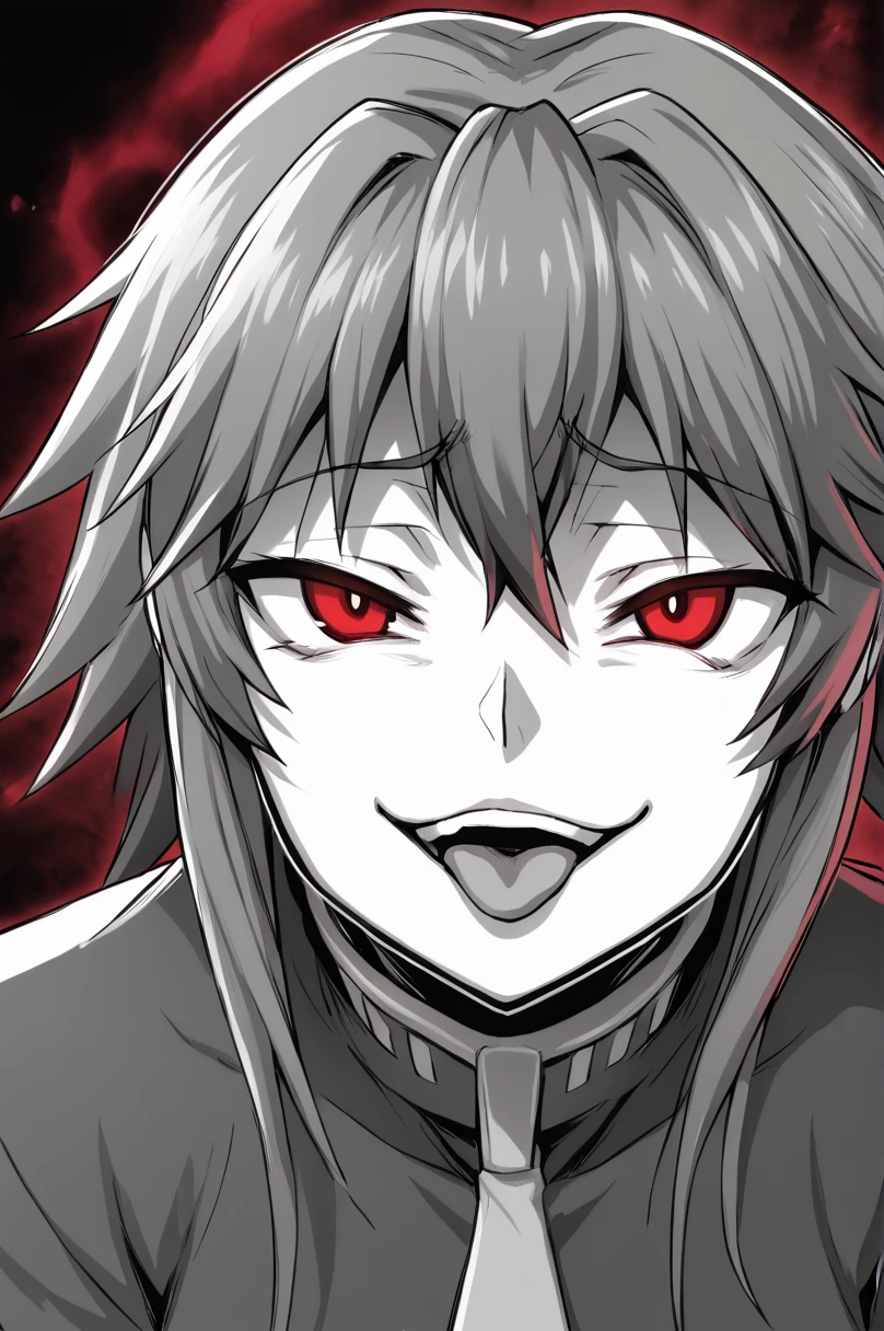 score_9, monochrome, spot color, black background, red aura, red eyes, Mari Setagaya, Itadaki! Seieki, looking at viewer, evil smile, open mouth, tongue out, upper body, high resolution, Masterpiece