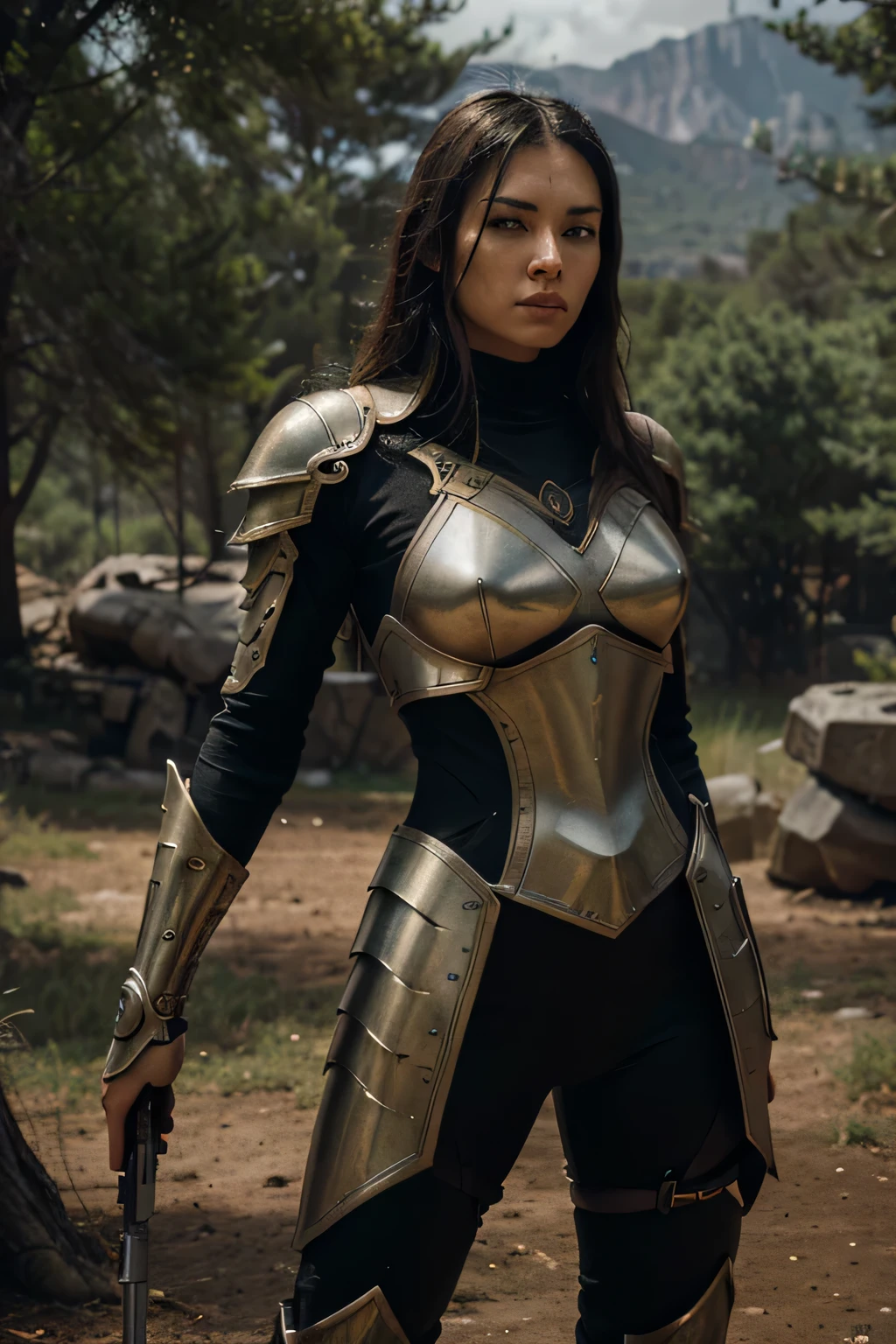 ---
"Create an action-packed digital artwork featuring a futuristic warrior character in high-tech armor holding an advanced rifle. The character should be portrayed in a dynamic pose, evoking a sense of readiness and determination. The background should depict a rugged, open landscape with water and trees, suggesting a battleground. Incorporate a prominent, ornate medal with the word 'Dominated' and a graphical emblem in the design, signifying a victorious achievement in combat. Ensure the overall style is intense and visually striking, with a focus on the character's sleek armor and the intricate details of the medal."
---