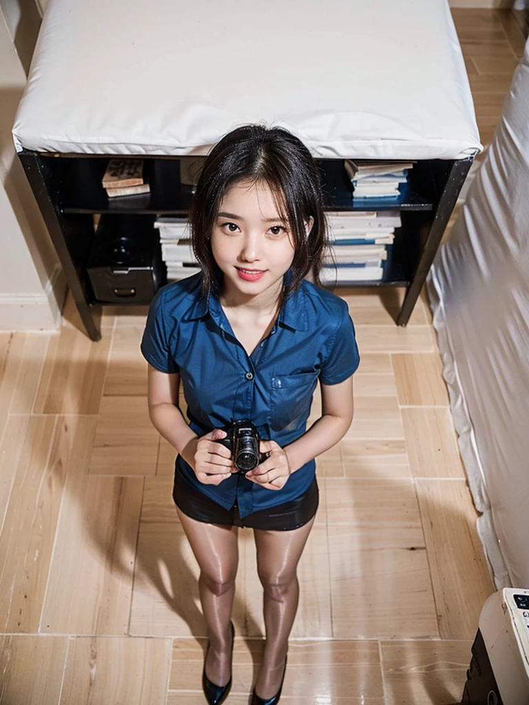 Urzan-6500-v1.1, (RAW Photos:1.2), (Photo - Real,:1.4), ((Take a photo with the camera from above、look up、Looking into the camera、Camera view from above、Take a photo from above))Beautiful detailed girl, Highly detailed eyes and face, Beautiful attention to detail, ((Japanese high school girls uniform)), Light on the face、(Sit with your knees bent))、bangs、Enlarge your eyes、Eyelashes、cute、very cute、(Highest quality:1.9)、(High resolution)、Live-action image quality、((An 18-year-old pure female student、1 person))、Soft lighting by a professional photographer、Natural light、((Very spacious white luxurious room:1.6))、((Bright white room:1.6))、(Sitting on a very luxurious white bed:1.2)、(White Bookcase:1.1)、Natural soft light、((Brown hair color:1.1))、Fair skin、Detailed Eyes、double eyelid、Slightly puffy cheeks、((Small Face:1.0))、((Pink lace short sleeve buttoned shirt、Please wear it with the chest open.:1.1))、((Grey checked flared mini skirt))、Live-action image quality、E cup bust、Cleavage、(smile)、((Girly pose 1.8))、((Full Body Shot:1.2))、((Height: 150cm))、Hands in front、Hide your hands between your legs、The shirt buttons are white
