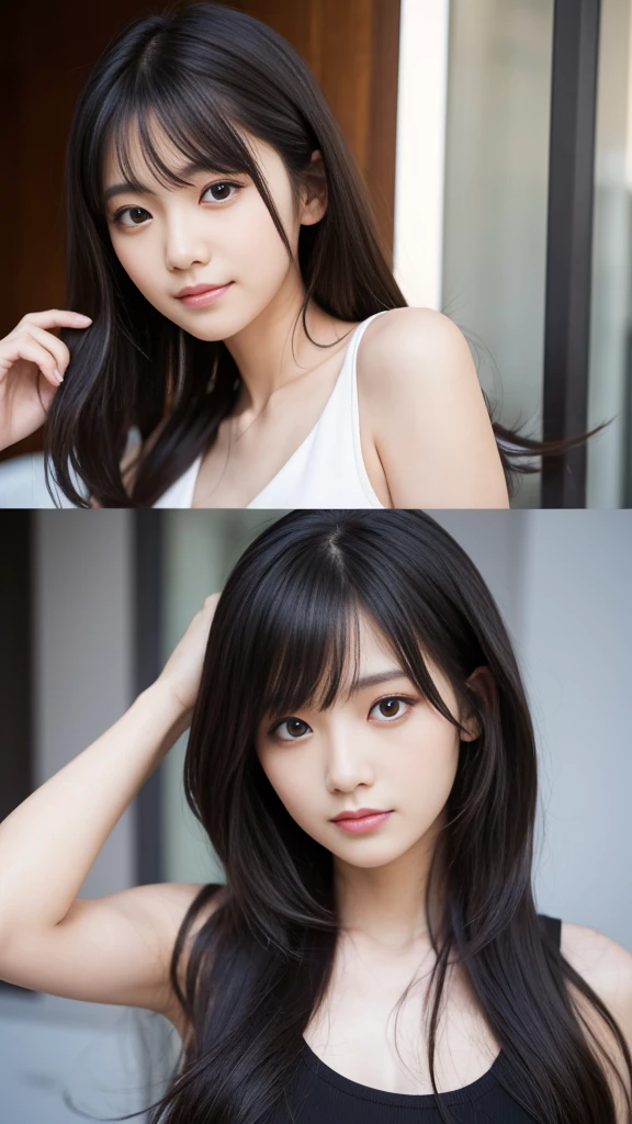 1 female,18-year-old,(Portrait in numbers:Mayu Yokota, Yuko Araki),Iris,Beautiful Face,(Thin skeletal surface+Delicate features、),非常にDetailed face,(Subtle Japanese Makeup), Black eyelash curls for long hair,(Messy and multi-layered, With bangs), smile,Look at the camera,Fair and smooth skin,(Best Skin Type:1.21),(clavicle:1.2),Women's slim fit suits,White short v-neck shirt,(Deep V-neck,Large breasts),Short Hip Wrap Skirt,(Realistic close-up photo of a woman),thin waist and long legs,(Slim figure),street,((Hasselblad Photos)),surreal photos, Physically Based Rendering,Professional Lighting,Exquisite detail,Detailed face,The painting is pure,Perfect hands,Perfect Posture,Ultra-fine makeup,Ultra-fine fiber material、Live Action、smile and stand up straight