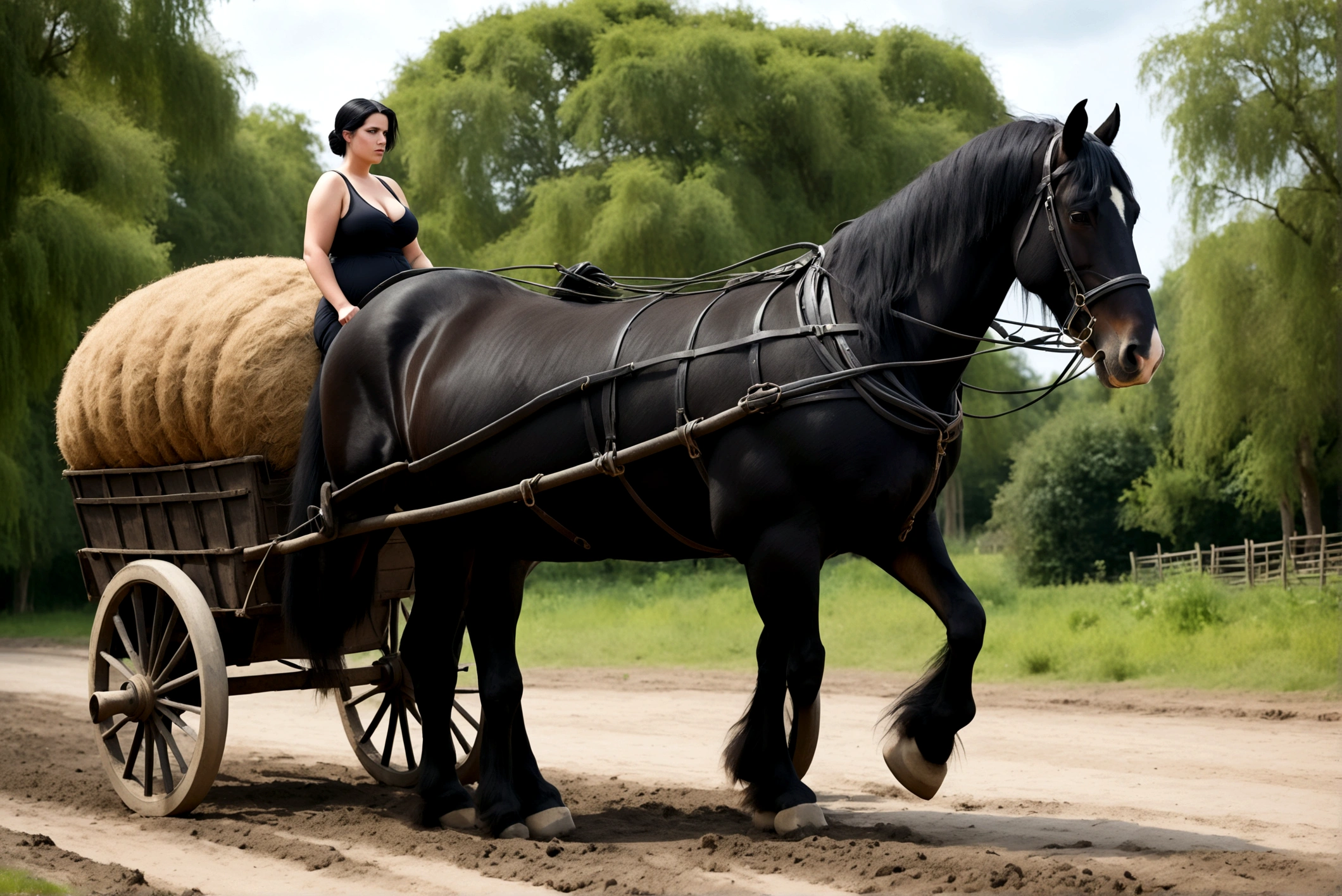 complete side view of horse. a big fat black shire horse with big bum. pulling dray cart. nude BBW woman driving. very dark skinned. very short hair. dung pile under horse. raised tail.