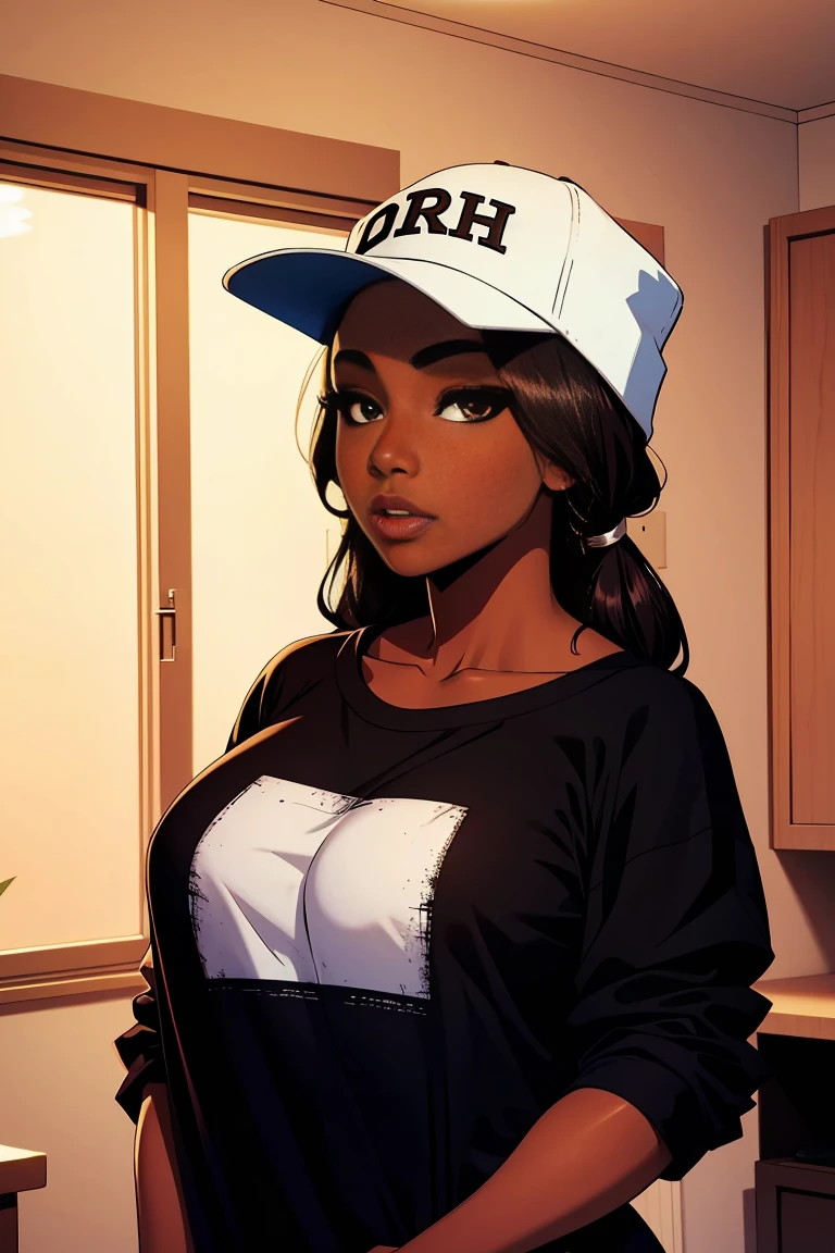 Dark skin young woman in an oversized fuzzy fitted shirt