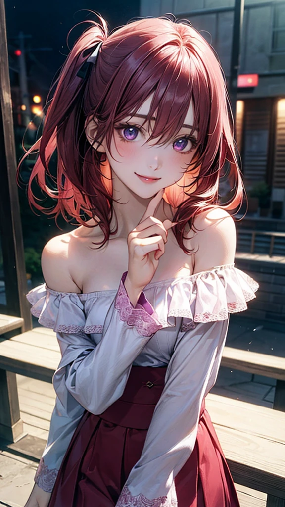 (masterpiece:1.2, top-quality), (realistic, photorealistic:1.4), beautiful illustration, (natural side lighting, movie lighting), nsfw,
looking at viewer, 1 girl, japanese, high school girl, perfect face, cute and symmetrical face, shiny skin,
(middle hair:1.5, (two side up:1.2), pink hair), hair between eyes, slant eyes, purple eyes, long eye lasher, (medium breasts), slender, dark red hair ribbon,
beautiful hair, beautiful face, beautiful detailed eyes, beautiful clavicle, beautiful body, beautiful chest, beautiful thigh, beautiful legs, beautiful fingers,
((detailed cloth texture, long sleeves off-shoulder wine-red tops, white long skirt, )), ,
(beautiful scenery), evening, (park), standing, (lovely smile, open mouse),