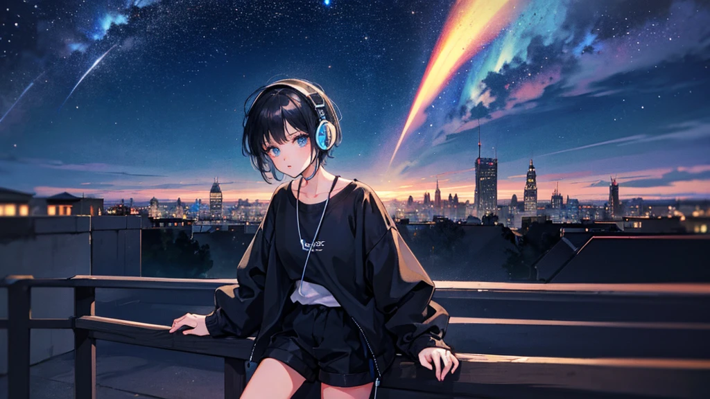 Black short Hair, Black Clothing, One Adult Woman Looking Sideways ,Blue headphones、 City of night, Delicate background、Masterpiece、Night Town、night、dark、Nostalgic、Starry Sky