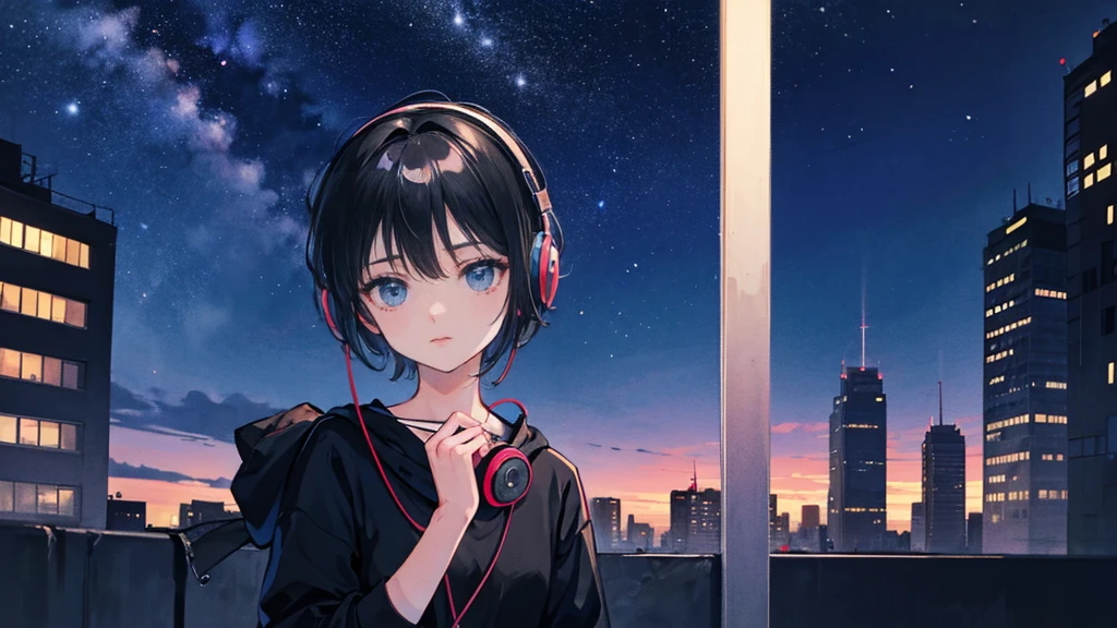 Black short Hair, Black Clothing, One Adult Woman Looking Sideways ,Blue headphones、 City of night, Delicate background、Masterpiece、Night Town、night、dark、Nostalgic、Starry Sky