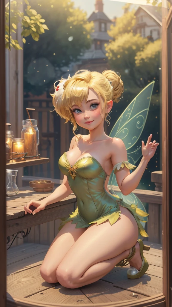 masterpiece, 8k, perfect ligthing, , adult, female, looking at viewer, cinematic lighting, (TinkerWaifu:1.1), single hair bun, strapless dress, small fairy wings, green clothes, blonde hair, in glass jar, shrunken kneeling, trapped, smile, blush, happy, hands down, pirate ship, ship deck,