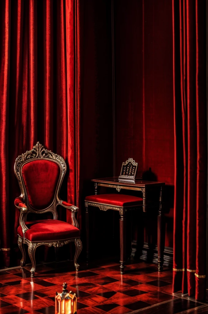 living room with throne, window with moonlight, Red curtains, evening, Gothic style, dark colors, terror, vivid colors, chess board floor 
