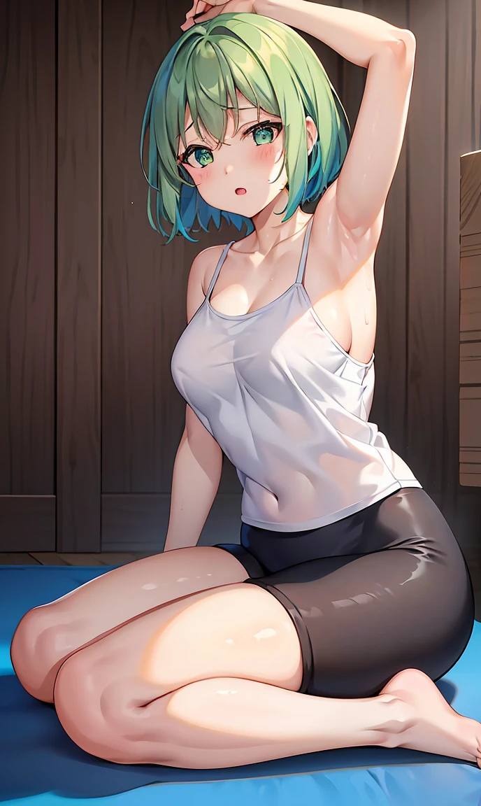 Girl with short green hair, The chest is medium, Green Eyes, 、(tits),Full body photo from head to toe,、cloth、(Clear Face)(Best Quality, High resolution, Super detailed),, (Vivid and colorful, The chest is clearly in focus),(Soft Breasts:1.2、,、、Exposed chest,Full body photo from head to toe、、Lift the chest,、A viscous, cloudy liquid is on my body,M-shaped legs,yoga、stretch、Relax Mode、Training wear、Spread your legs and stretch your legs、New Gymnastics、Lying down、