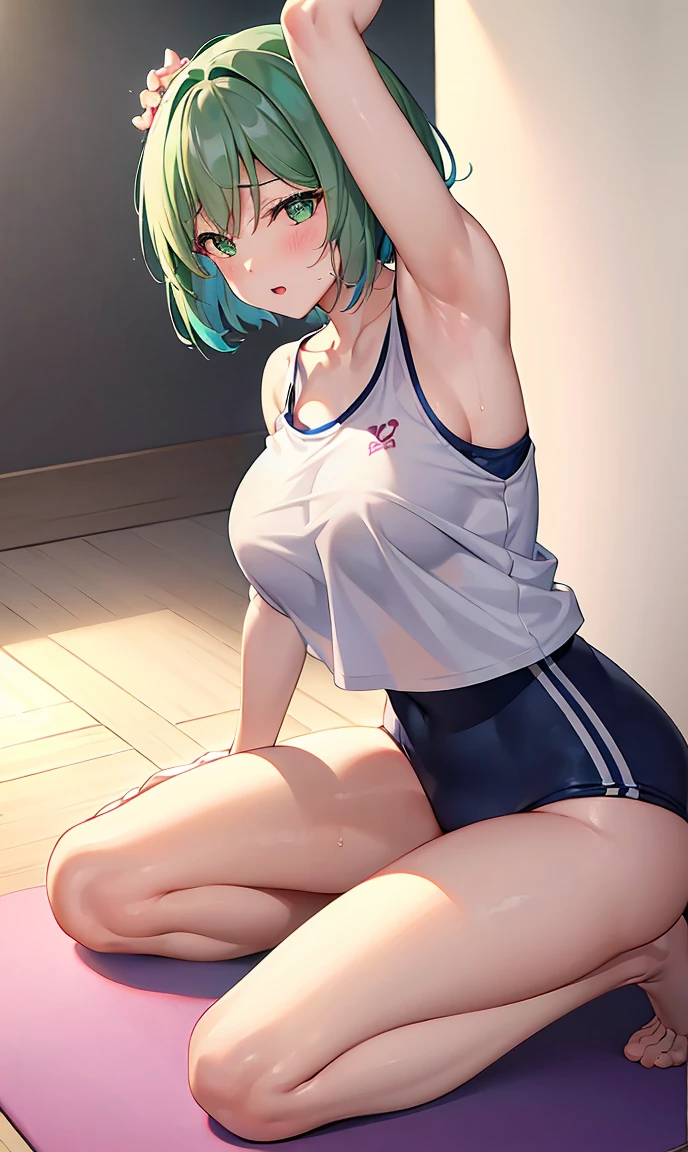 Girl with short green hair, The chest is medium, Green Eyes, 、(tits),Full body photo from head to toe,、cloth、(Clear Face)(Best Quality, High resolution, Super detailed),, (Vivid and colorful, The chest is clearly in focus),(Soft Breasts:1.2、,、、Exposed chest,Full body photo from head to toe、、Lift the chest,、A viscous, cloudy liquid is on my body,M-shaped legs,yoga、stretch、Relax Mode、Training wear、Spread your legs and stretch your legs、New Gymnastics、Lying down、