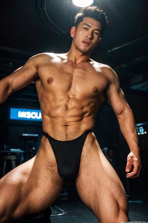 Mesh Bodysuit, ultra photorealism, ultra realism(Korean male) ,wearing sexy bodysuit, huge muscle,See-through, Underground nightclub, Dancing, Facial hair, Realistic, Masterpiece, Intricate details, Detailed background, Depth of field,(((The crotch is raised)))
