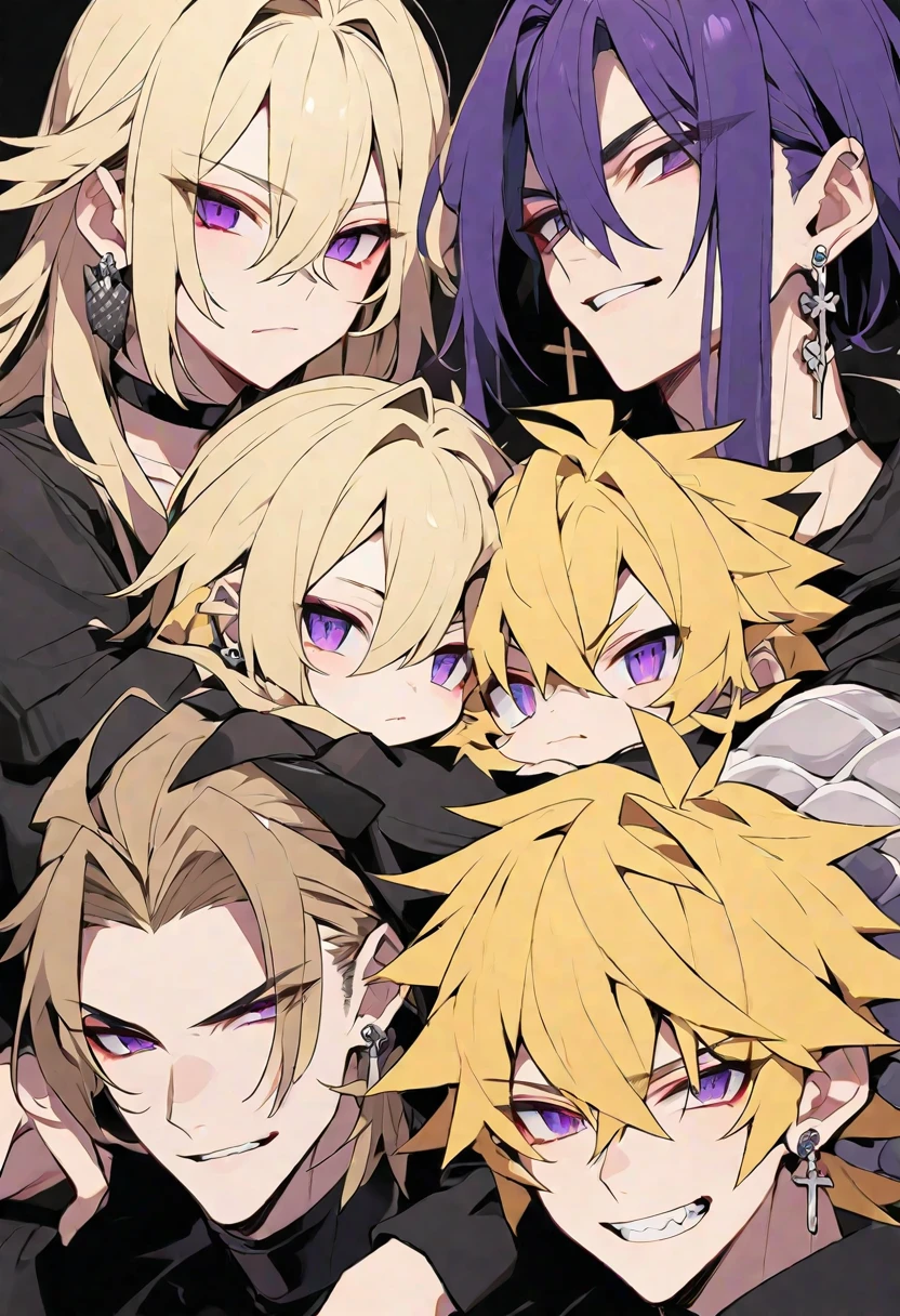 独奏, handsome, doragon,
1. male,
hair between eyes,Straight Hair,short Hair,
blonde hair,
Hot and cold,
purple Eyes,Soft look,beautiful,Sexy,Darkness,Lots of silver earrings,choker,skin,
Dragon Scale,,Jagged teeth,Cheek resting on hand,
Black long sleeve,Black Outerwear,Cross Necklace,
black background,