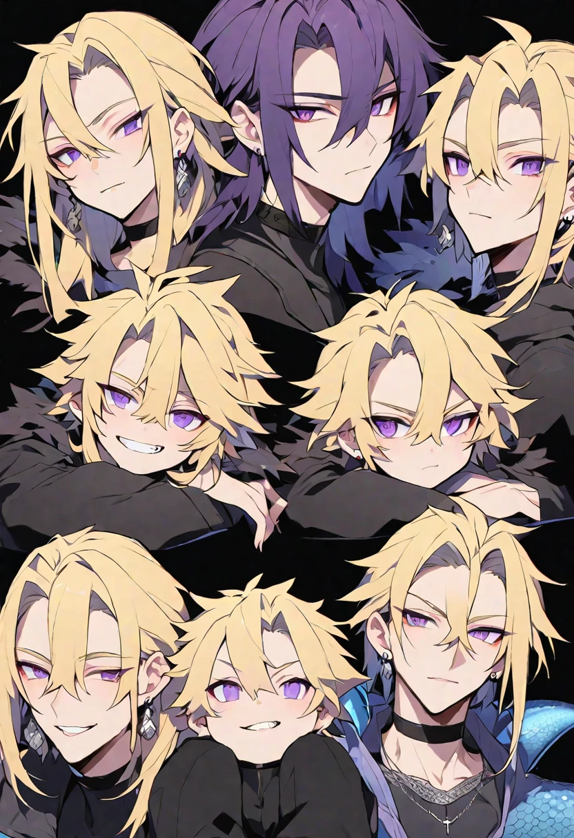 独奏, handsome, doragon,
1. male,
hair between eyes,Straight Hair,short Hair, 
blonde hair, 
Hot and cold,
purple Eyes,Soft look,beautiful,Sexy,Darkness,Lots of silver earrings,choker,skin,
Dragon Scale,,Jagged teeth,Cheek resting on hand,
Black long sleeve,Black Outerwear,Cross Necklace,
black  background,