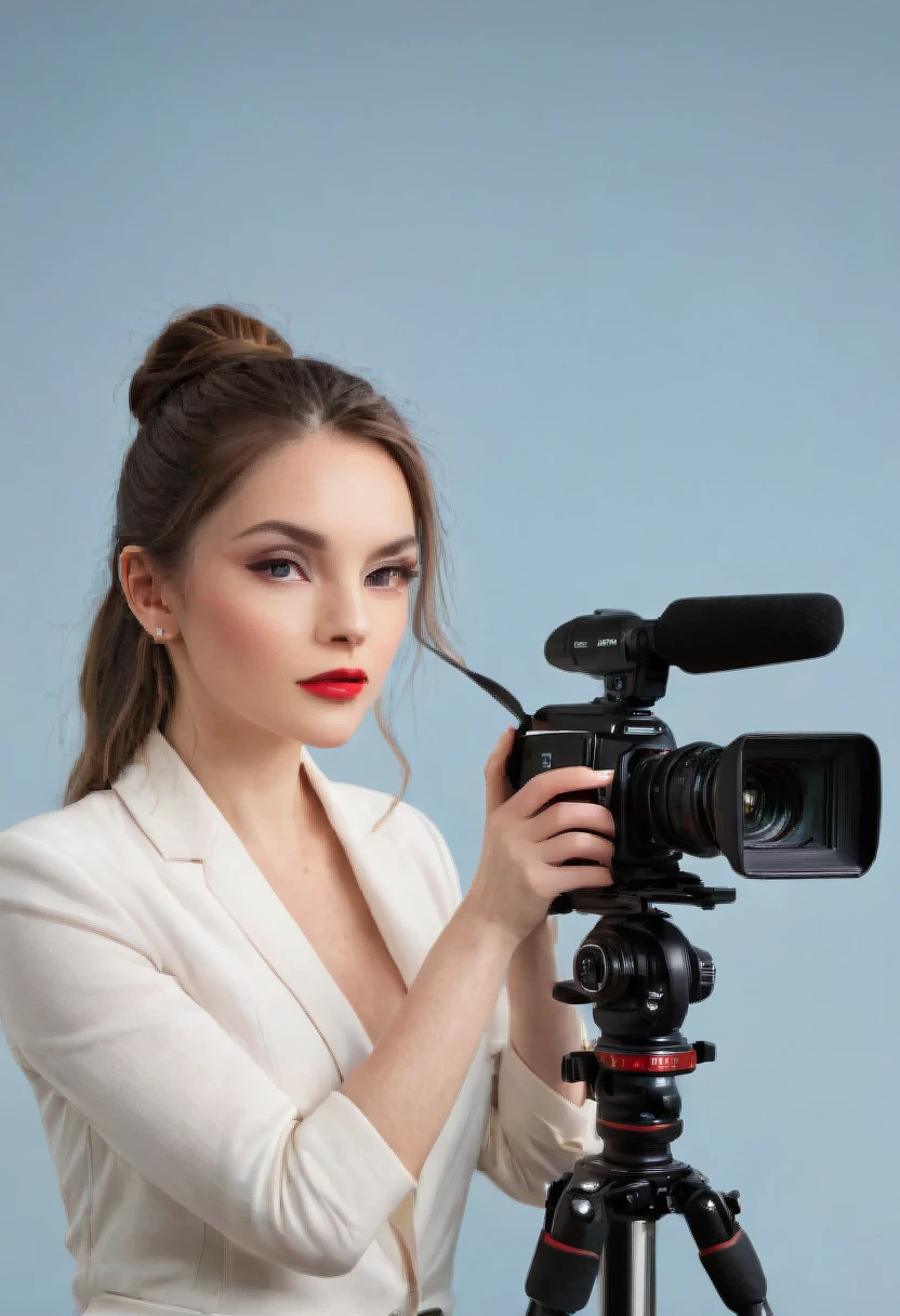 digitl art, Amanda, an elegant and professional woman, holds a camera while observing a studio setting with models in fashion poses.