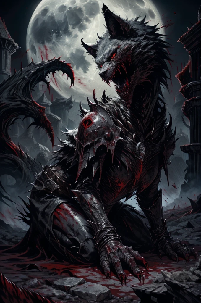 a darksouls werewolf, backwards, looking over shoulders pose with great fangs,sharp nails with blood,black fur,angry face,full moon at night,fog, on ground,(blood: 1.5),detailed,realistic,4k