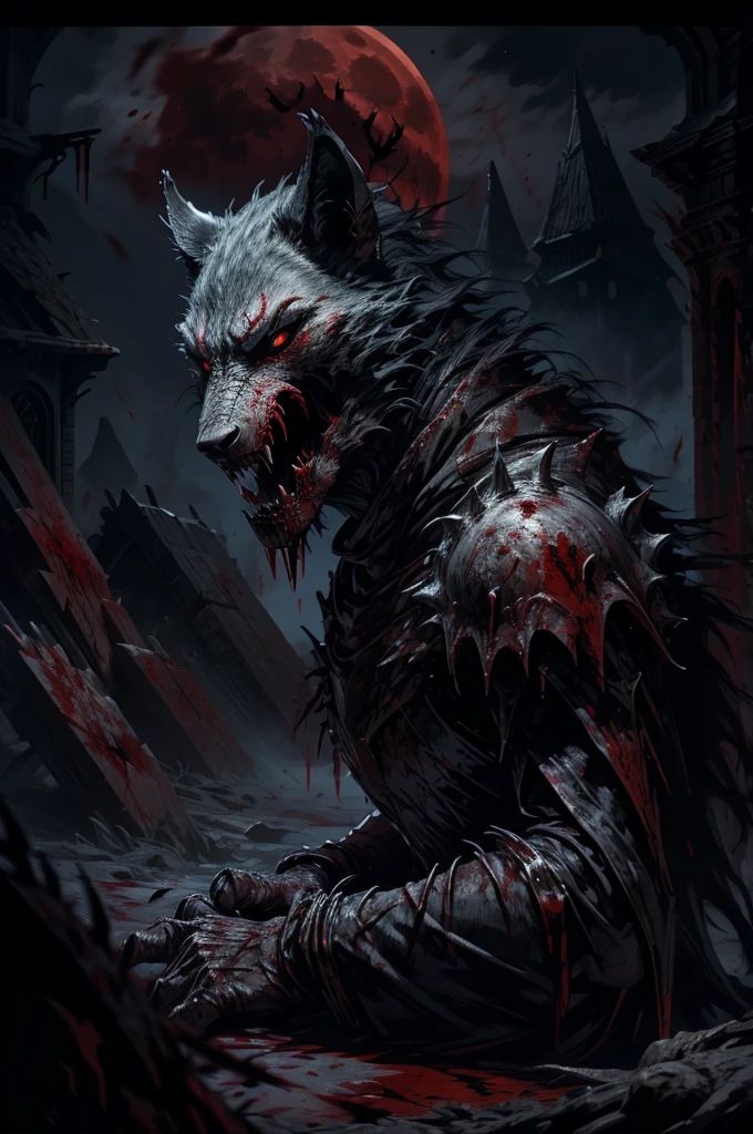 a darksouls werewolf, backwards, looking over shoulders pose with great fangs,sharp nails with blood,black fur,angry face,full moon at night,fog, on ground,(blood: 1.5),detailed,realistic,4k