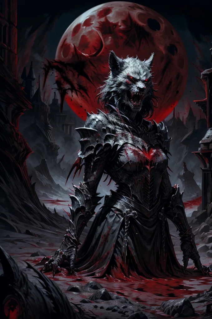 a darksouls werewolf, backwards, looking over shoulders pose with great fangs,sharp nails with blood,black fur,angry face,full moon at night,fog, on ground,(blood: 1.5),detailed,realistic,4k