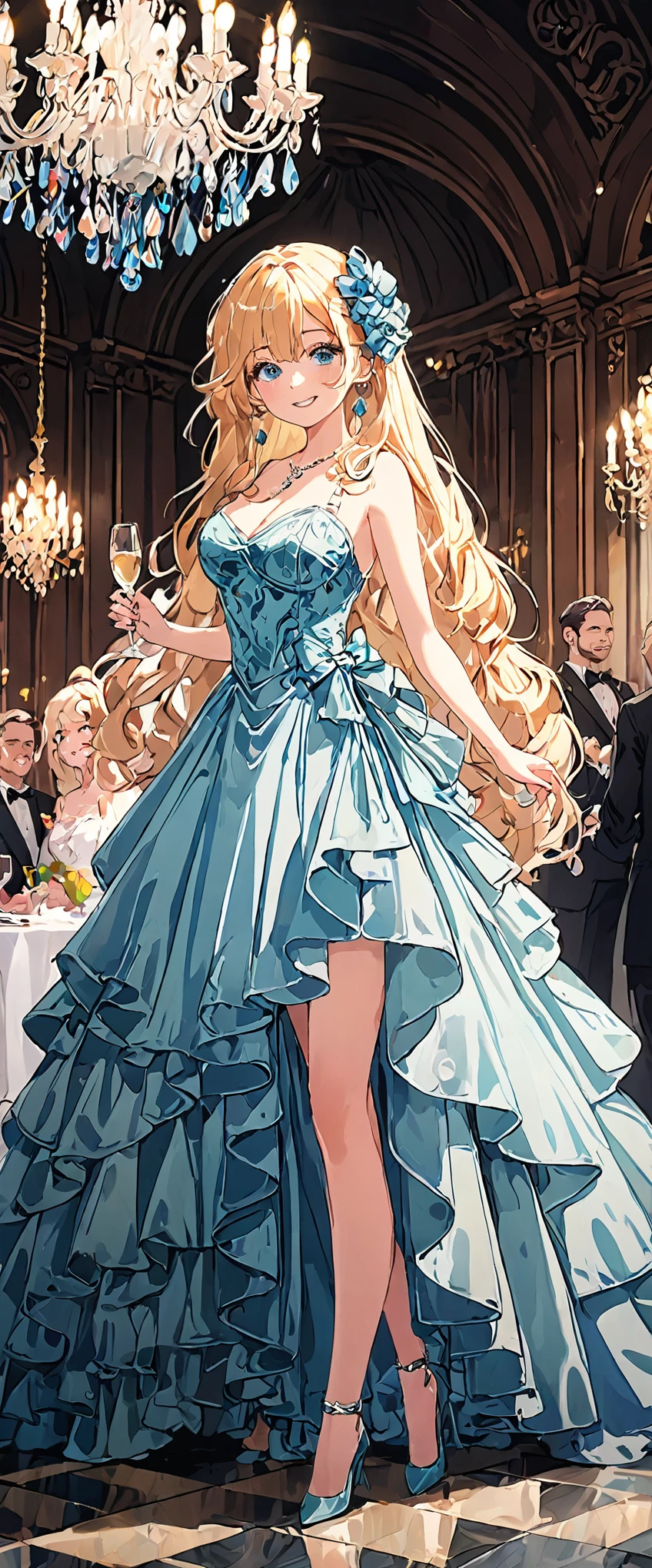 1lady\(elegant,smiling softly,young,big breast,white skin, illuminated blue eyes,very long hair,blonde,elegant hair style,(wearing makeup), beautiful accessories, holding champagne glass\(beautiful,carbonated bubbles shining\),(full body:2.0)\) is wearing beautiful trendy evening dress at elegant dinner party\(many dressed up people,inside chalk palace,big beautiful chandelier\), BREAK ,evening dress\((double exposure\(beautiful galaxy,beautiful nebula,colorful beautiful stars\):1.4),\), BREAK ,quality\(8k,wallpaper of extremely detailed CG unit, ​masterpiece,hight resolution,top-quality,top-quality real texture skin,hyper realisitic,increase the resolution,RAW photos,best qualtiy,highly detailed,the wallpaper,cinematic lighting,ray trace,golden ratio\),anime style,(low angle),(full body),(long shot:2.0),(wide shot:2.0)