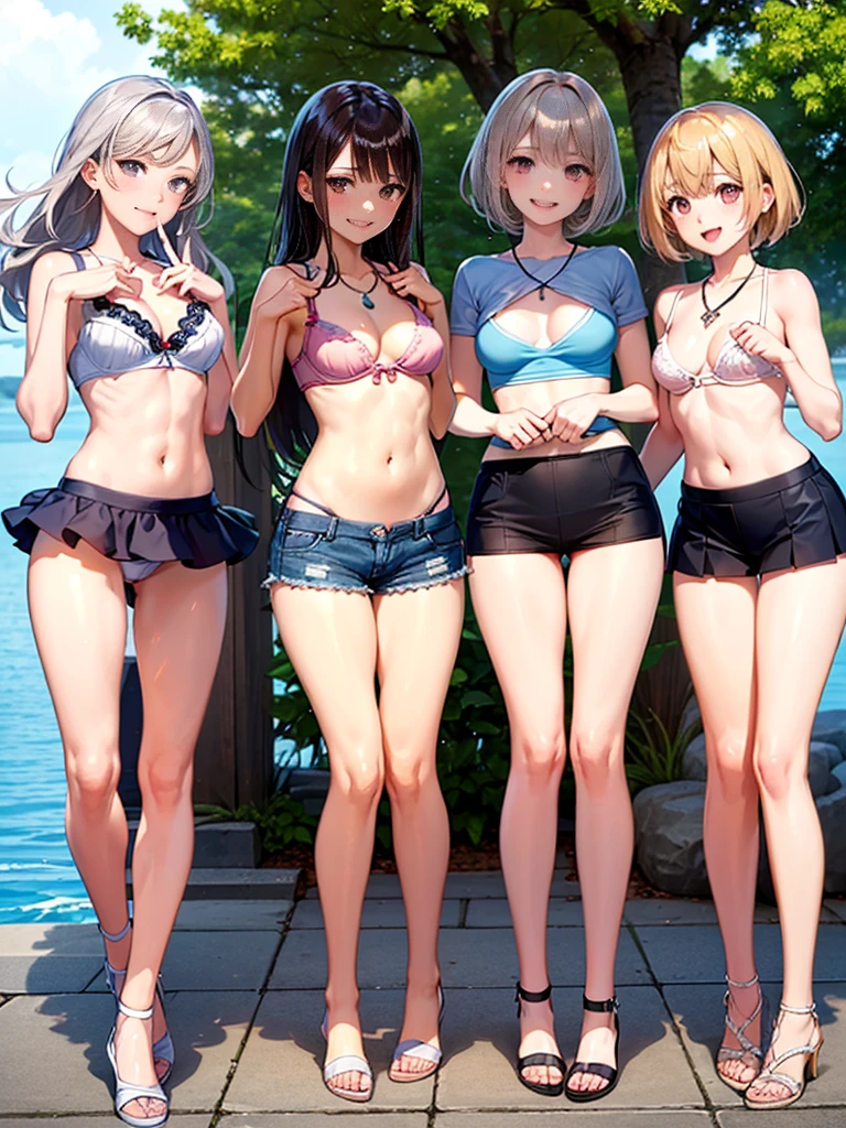 ((Highest quality)), ((masterpiece)),(Noble), (elegant), (cute), (Three Girls:1.8), three girls are posing for a camera outdoors in the water, (自分のshirtをめくる:1.3), (Very small bikini top),(Don't draw people in the background:1.3),(The wind flips up my skirt),(Standing side by side), (Close-up shot from the knees:1.3), Perfect Face, smile, (Laughing with your mouth open:1.3), Embarrassed look, (Accurate Fingers:1.3), Ray Tracing, Bubble Butt, Round little ass, bend over, hair band, head band, Hair ties, blouse, shirt, (Pastel colored bra tops), High resolution eyes, Accurate Eyes, (High resolution eyes:1.8), (High quality finger 1.8), light smile, small chest, chest, Realistic, Asian, Westerners, Silver Hair, Brown Hair, Blonde, belly button, jewelry, View your viewers, necklace, water, , Wet, Long Hair, short hair, (Abdominal muscles),