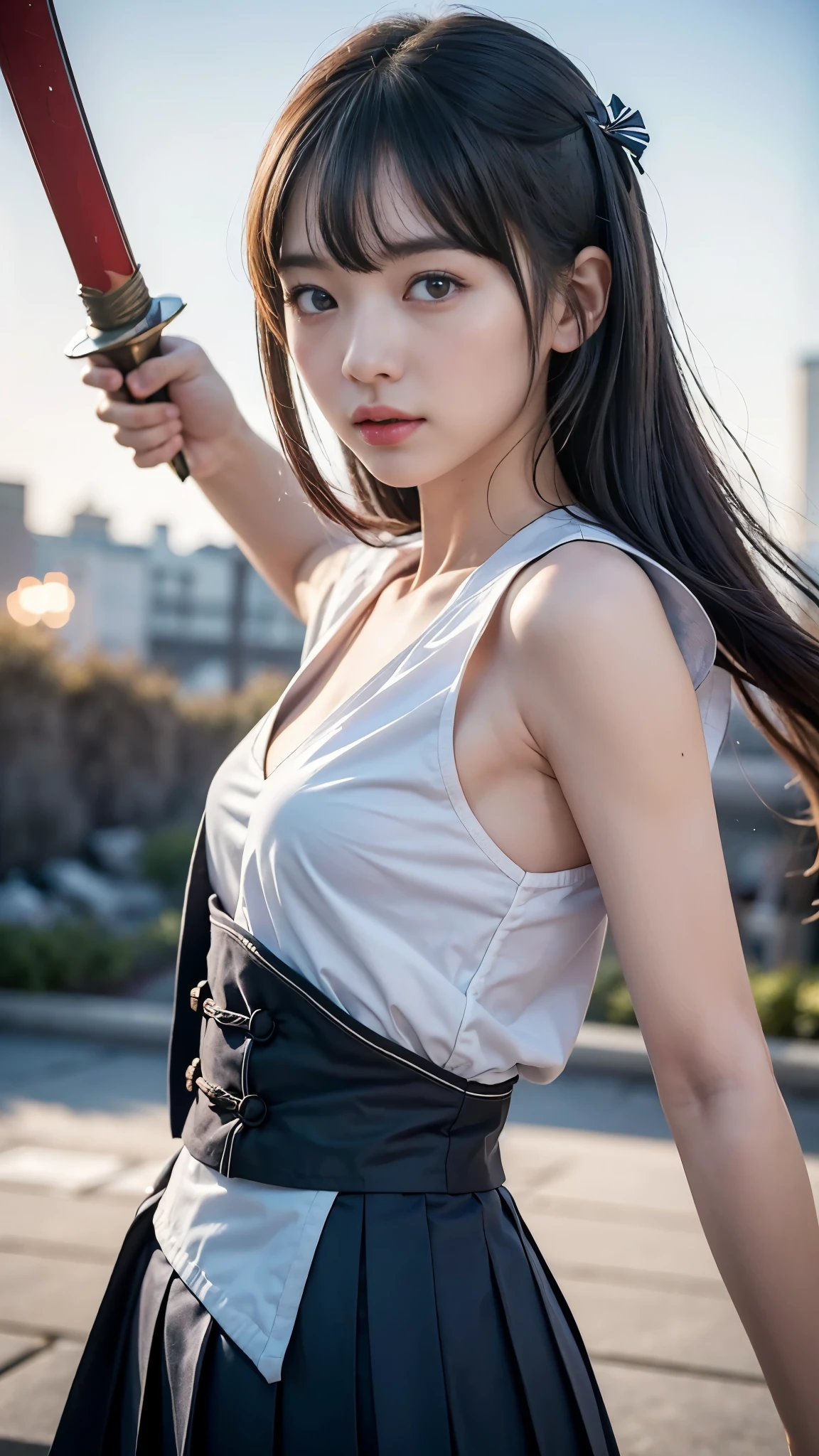 ((Battle Royale in the ruins of the city)), ((Sailor suits and pleated skirts)), (((Gripping the handle, he raised his Japanese sword.))), (beautiful girl, Baby Face:1.3, Idol Face), (Small and slender figure), (Slender body line), (Beautiful breasts:1.2, Sideboob:1.3), Small beautiful butt, (Highest quality, 8K, masterpiece:1.2), (Detailed eyes and face:1.3), (Detailed hands and arms:1.1), (Reality:1.4), (Professional photography techniques, Cinema Lighting), (View the viewer:1.3), ((Desperate look)), (Ultra-detailed Japanese sword shape), (Perfect Anatomy:1.3), (Detailed arms:1.2)