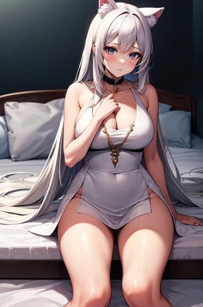 Long hair anime girl sitting on the bed, Cat ear, From the front of the girl, Cute anime waifu in beautiful clothes, Enchanting anime girl, White-haired God, Exquisite detail. Lori, Anime 4k  