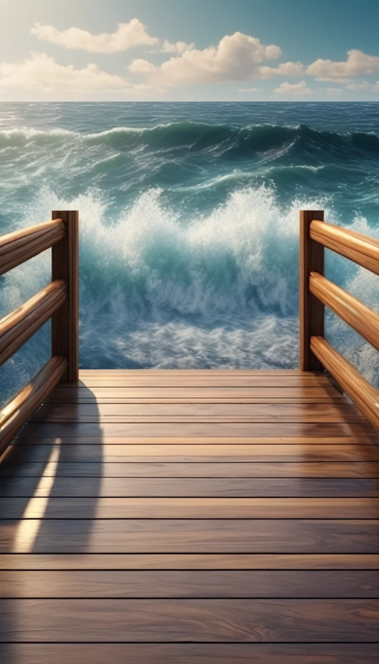 create a background, with sea, waves, realistic, with a wooden part, for cars, deck, but in the background a sea, beautiful and inviting environment, 8k