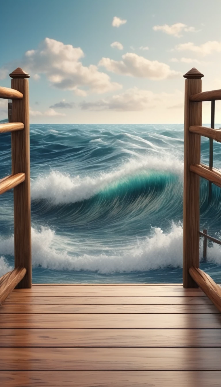 create a background, with sea, waves, realistic, with a wooden part, for cars, deck, but in the background a sea, beautiful and inviting environment, 8k