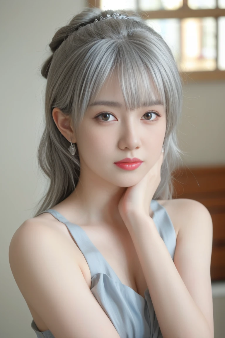 ulzzang-6500-v1.1,(raw photo:1.2),((photorealistic:1.4))best quality ,masterpiece, illustration, an extremely delicate and beautiful, extremely detailed ,CG ,unity ,8k wallpaper, finely detail, best quality,extremely detailed CG unity 8k wallpaper,absurdres, incredibly absurdres, huge filesize, ultra-detailed, highres, extremely detailed,beautiful detailed girl, extremely detailed eyes and face, beautiful detailed eyes,light on face,cinematic lighting, ,1girl, mature female, indoor, looking at viewer, dress, hair bun,low ponytail, long hair,hair ribbon, cowboy shot, hair ornament,Bangs, (silver hair:1.3), (looking at viwer:1.7),Jewelry, earrings,Crown,