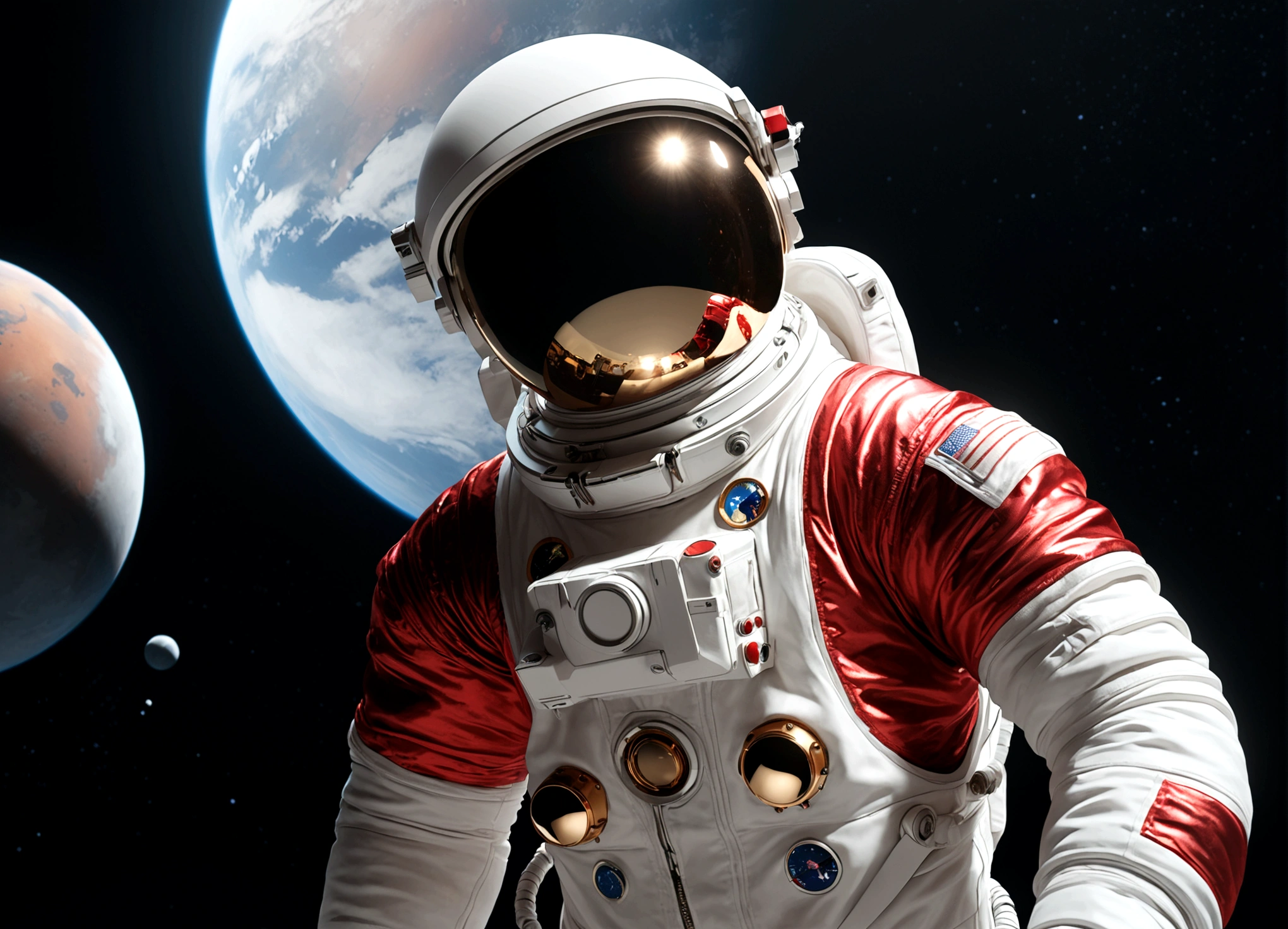 The astronaut is a 30-year-old man.., white and red metallic clothing, cinematic, picture 촬영, half backlight, back light, dramatic lighting , incandescent light, soft lighting, Incredibly detailed and complex, hyper maximalist, Art, elegant pose, dynamic, picture, volume , very detailed, intricate details, Gwise의 very detailed 걸작, future environment