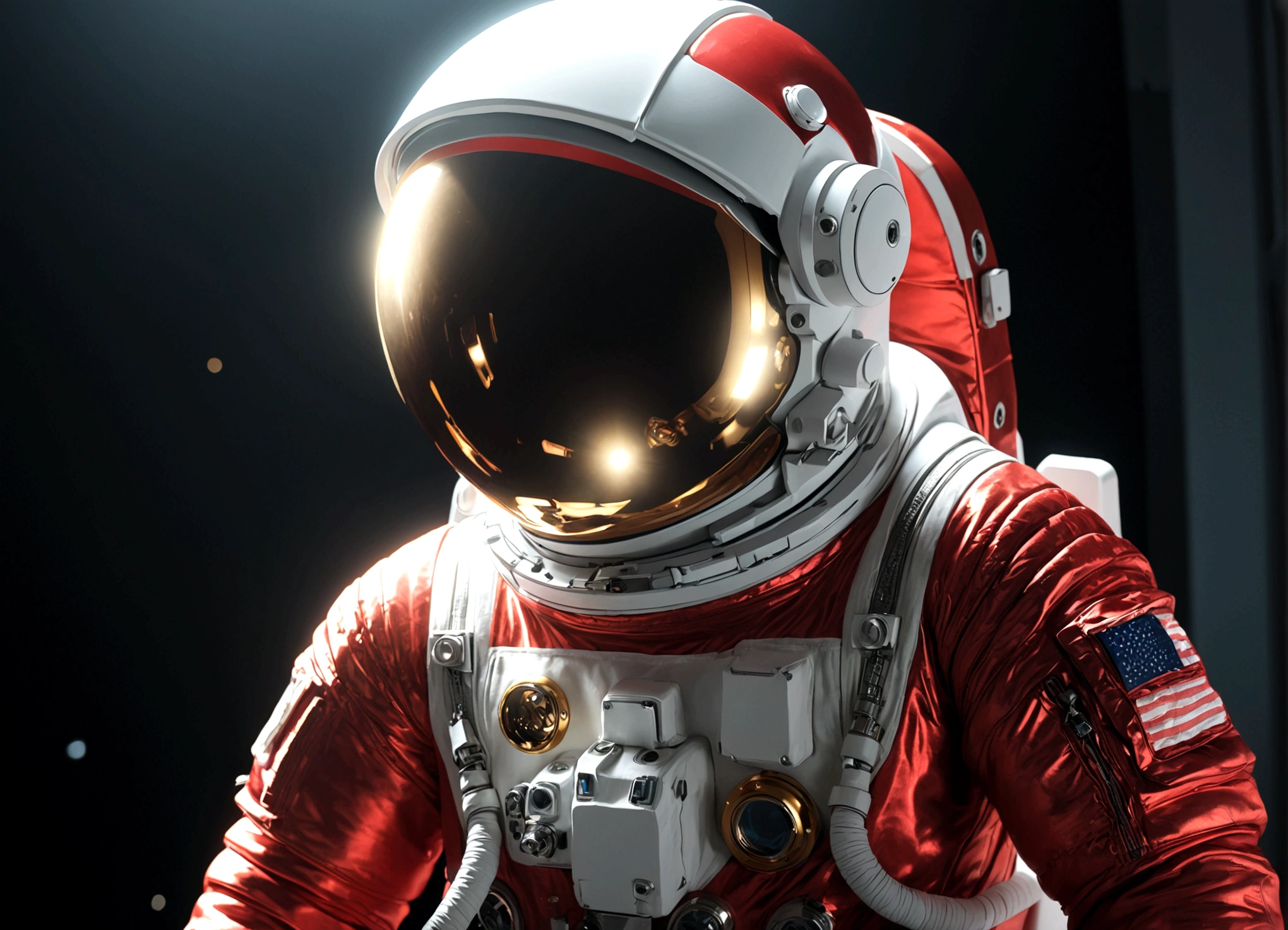 The astronaut is a 30-year-old man.., white and red metallic clothing, cinematic, picture 촬영, half backlight, back light, dramatic lighting , incandescent light, soft lighting, Incredibly detailed and complex, hyper maximalist, Art, elegant pose, dynamic, picture, volume , very detailed, intricate details, Gwise의 very detailed 걸작, future environment