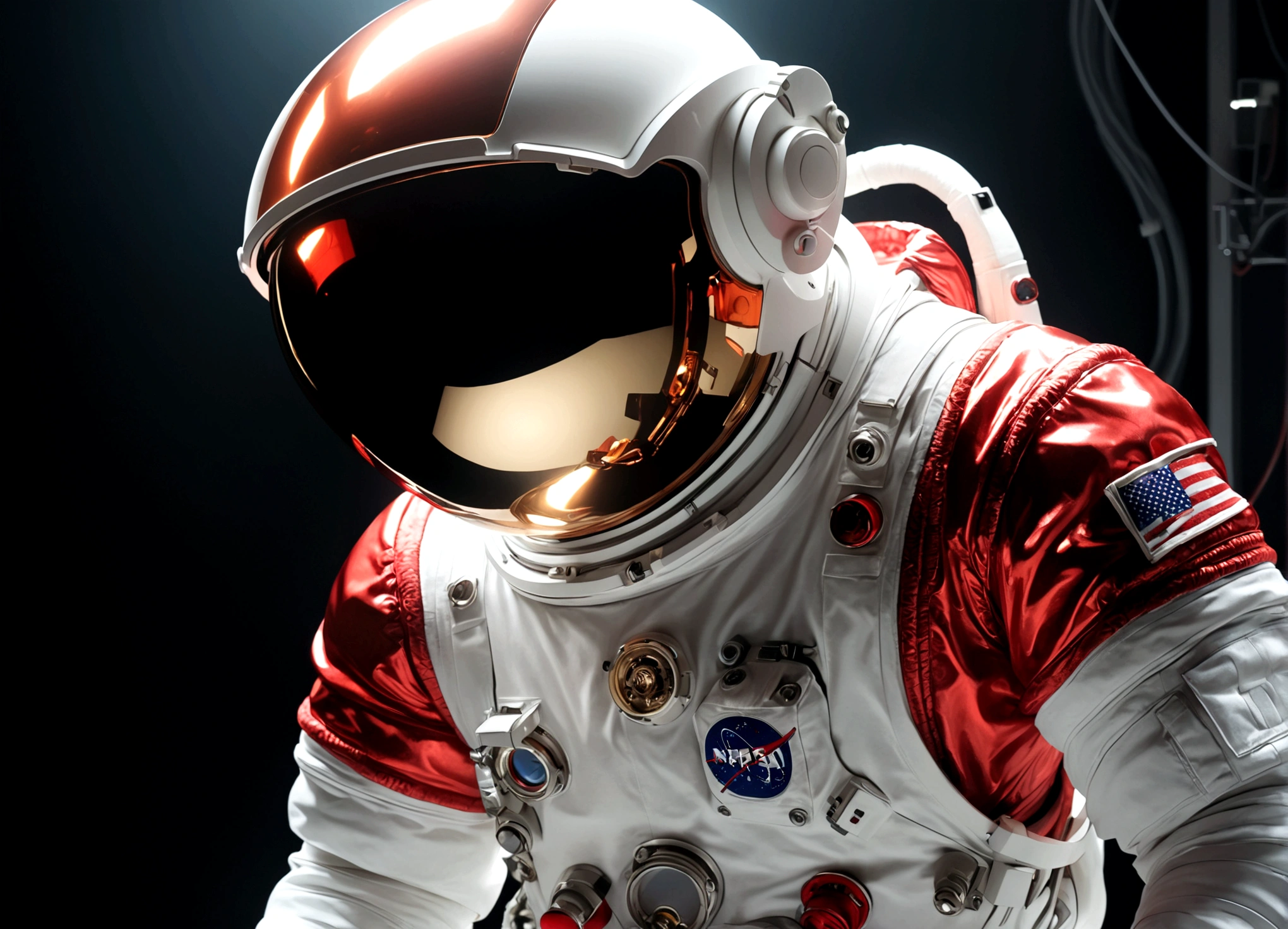 The astronaut is a 30-year-old man.., white and red metallic clothing, cinematic, picture 촬영, half backlight, back light, dramatic lighting , incandescent light, soft lighting, Incredibly detailed and complex, hyper maximalist, Art, elegant pose, dynamic, picture, volume , very detailed, intricate details, Gwise의 very detailed 걸작, future environment