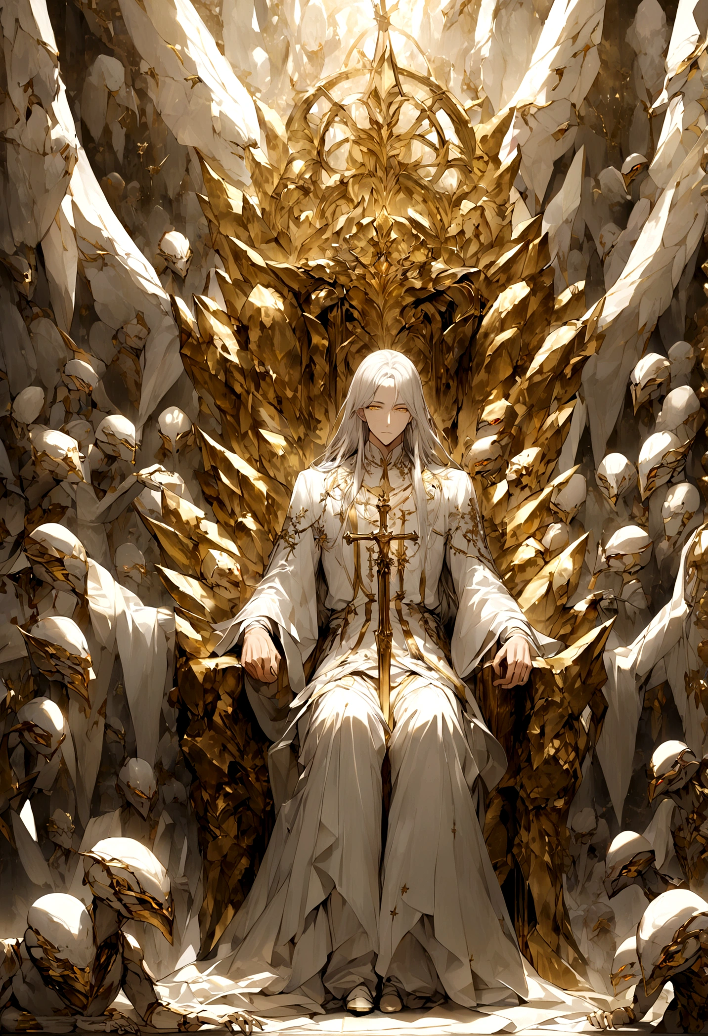 A handsome man with white long hair, golden eyes wearing a white long blouse, white shirt and white long pant sitting on a giant clear crystal throne. Hos two hands placing on a broadsword with golden cross sword hilt. Around he is a lot of humanoid cybernetic creatures like angels flying and blessing.