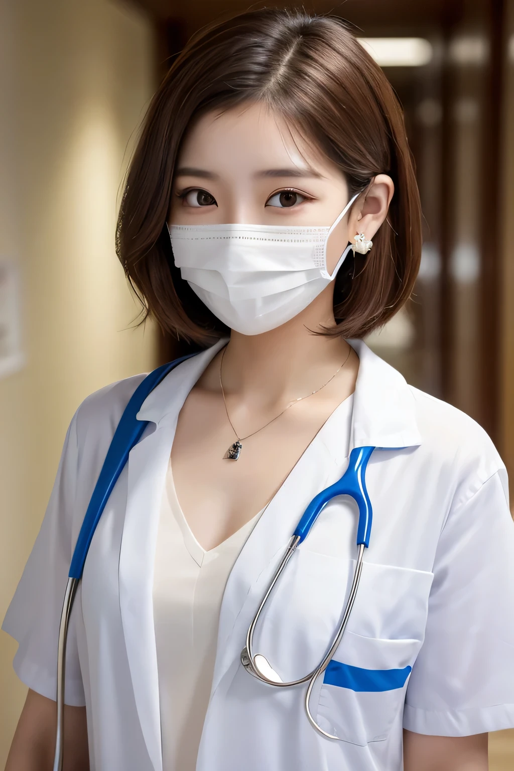 Beautiful young woman、 Korean women、Brown Hair、Necklace around the neck、White、Stethoscope、Mask on mouth、Short Haircut、Wavy Hair、Intricate details, Very detailed:1.2), 、 Looking into the camera,The background is the corridor of the hospital.、ear piercing